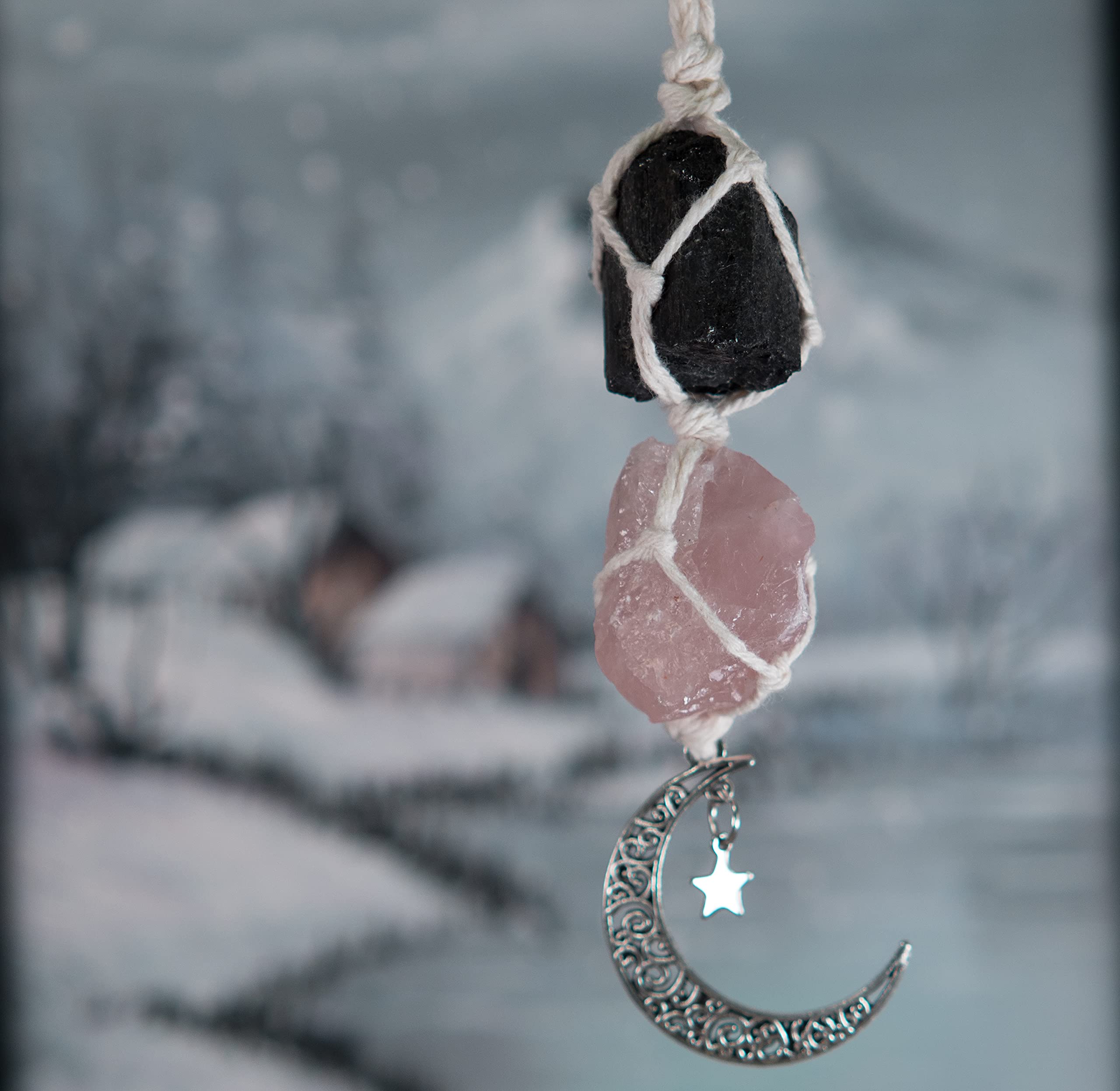 BOHO GARDEN Crystal Hanging Car Charm - Purple Rear View Mirror Hanging Car Accessories for Women, Moon Decor Hanging Ornament, Witchy Gifts and Healing Stones - Rose Quartz & Amethyst