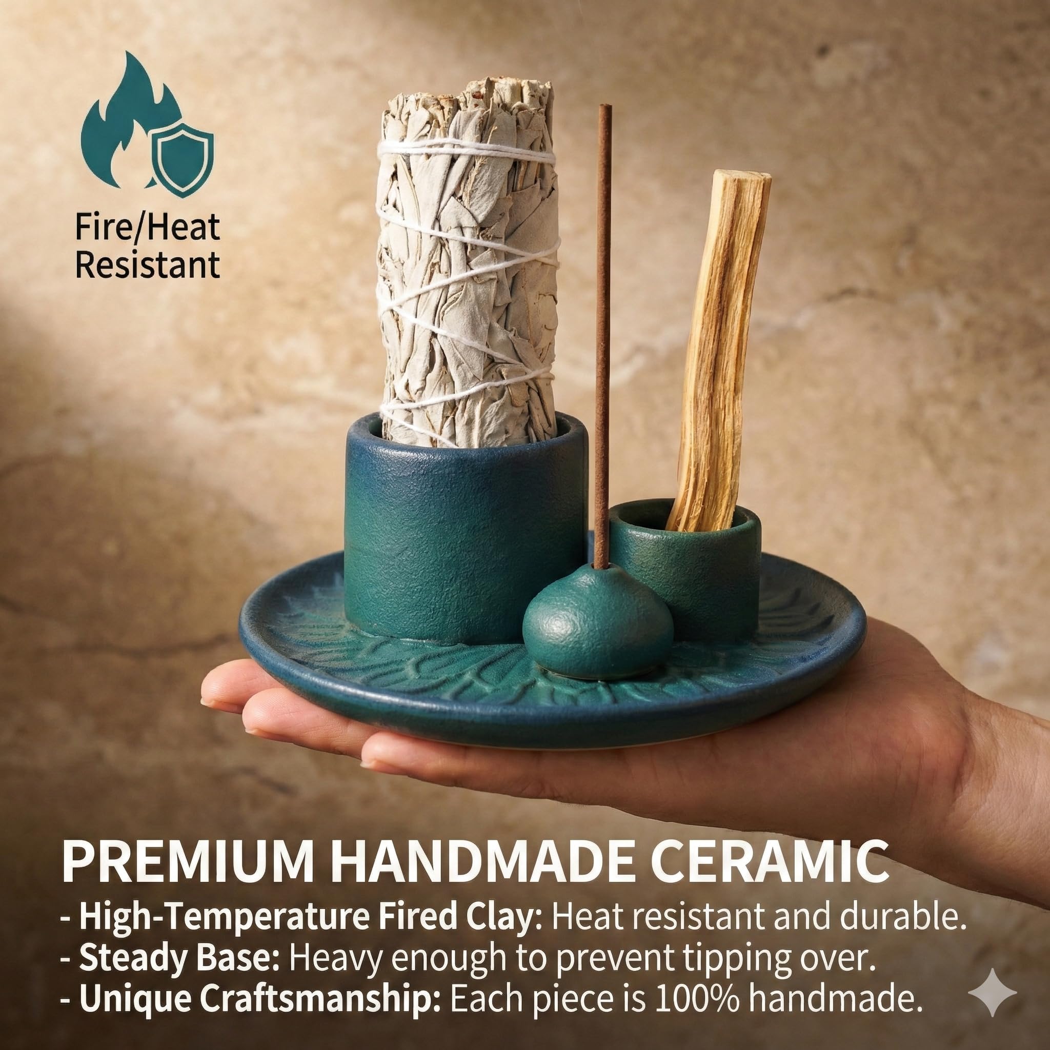 Handmade Ceramic Incense Burner for Palo Santo Incense Sticks, 4 in 1 Multi-Purpose Sage Holder for Burning, Ash Catcher Tray for Meditation Yoga Room (Golden)