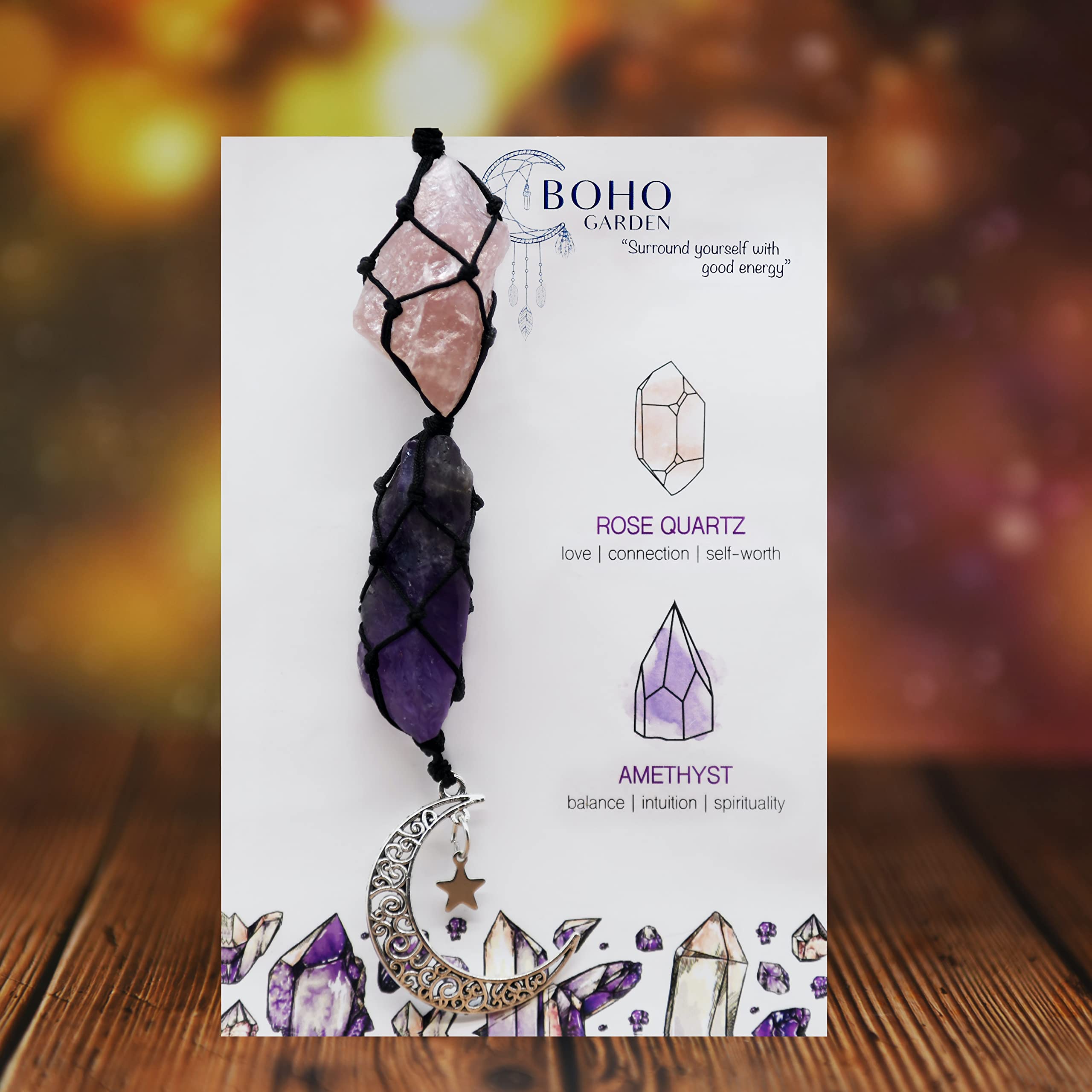 BOHO GARDEN Crystal Hanging Car Charm - Purple Rear View Mirror Hanging Car Accessories for Women, Moon Decor Hanging Ornament, Witchy Gifts and Healing Stones - Rose Quartz & Amethyst