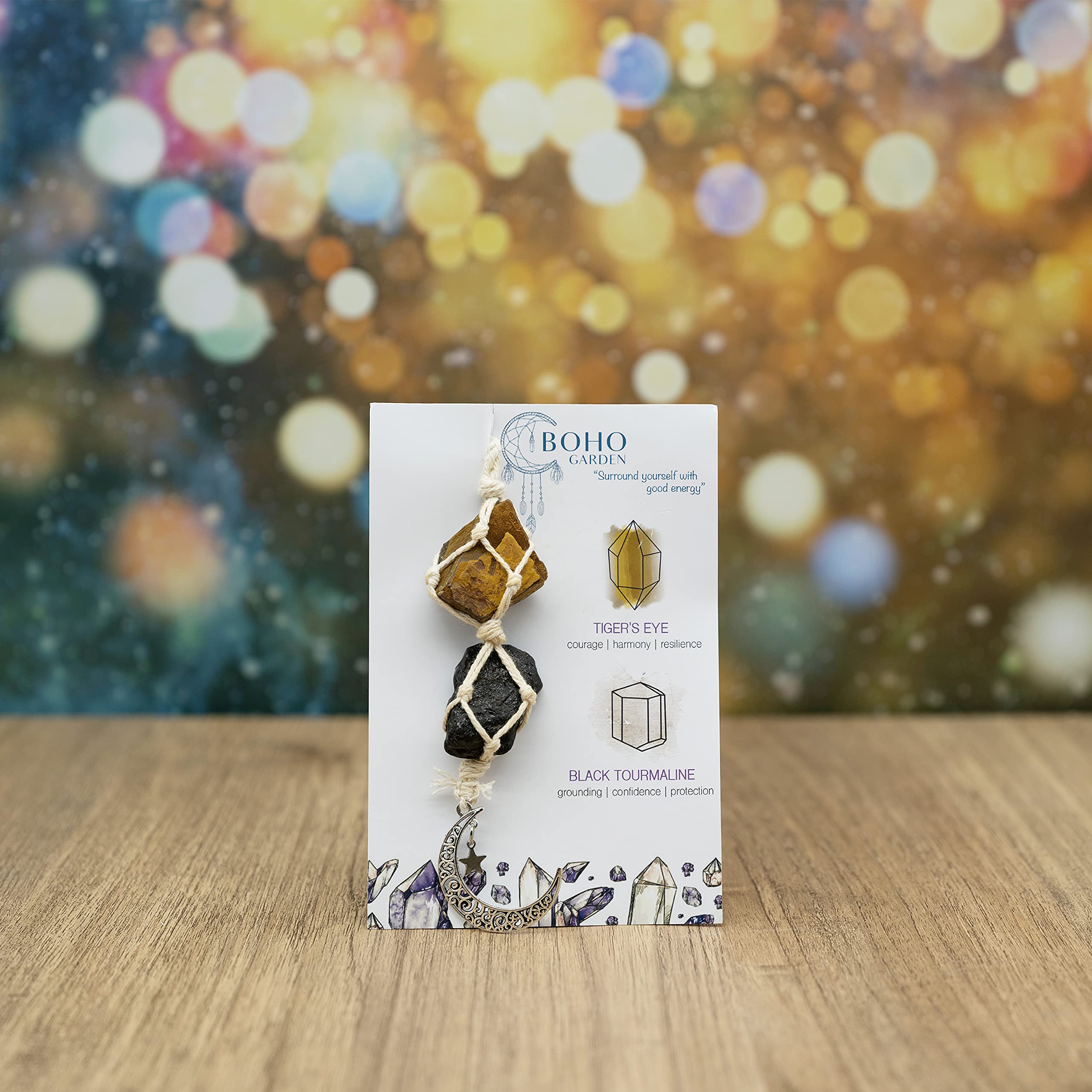 BOHO GARDEN Crystal Hanging Car Charm - Purple Rear View Mirror Hanging Car Accessories for Women, Moon Decor Hanging Ornament, Witchy Gifts and Healing Stones - Rose Quartz & Amethyst