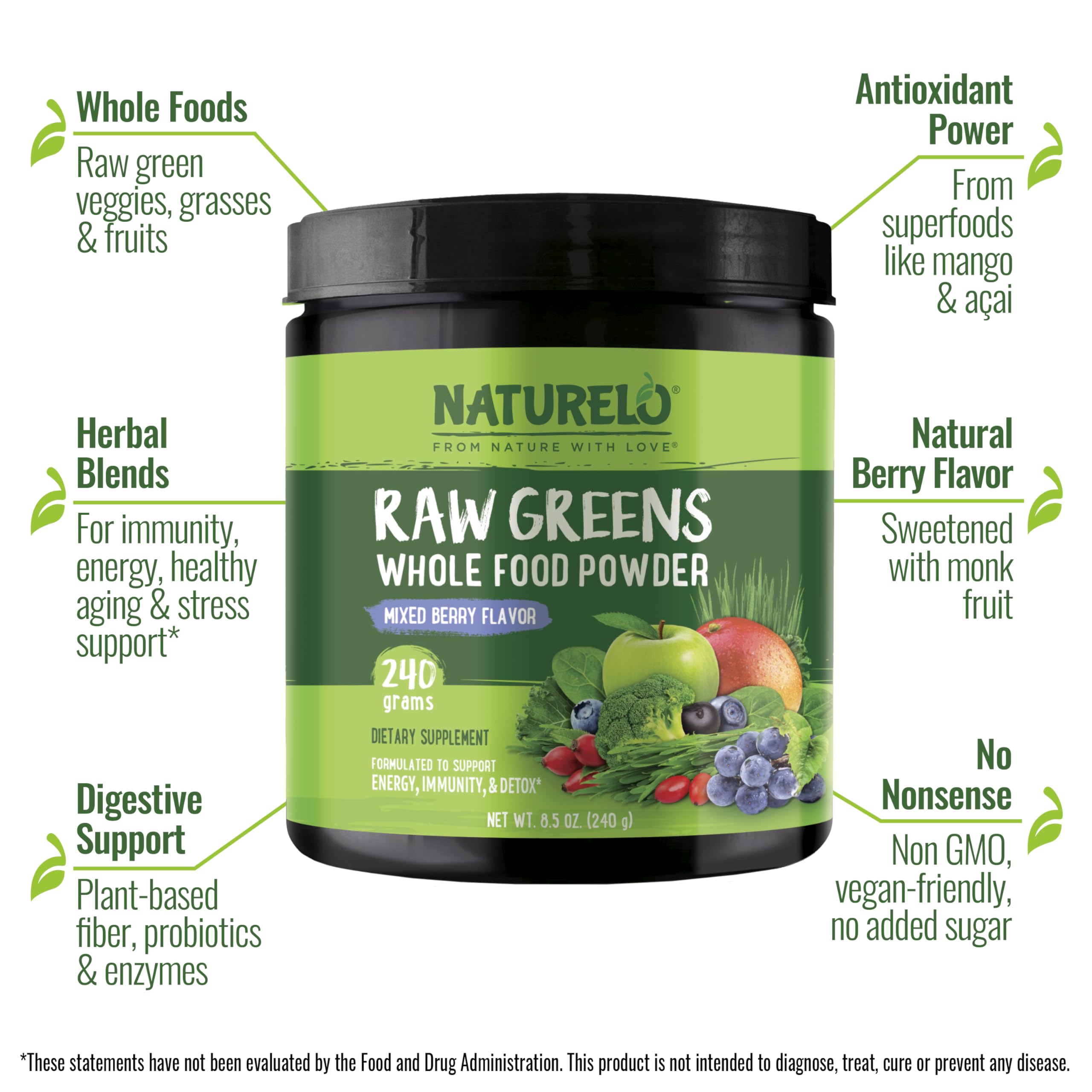 NATURELO Raw Greens Superfood Powder - Unsweetened - Boost Energy, Detox, Enhance Health - Organic Spirulina - Wheat Grass - Whole Food Nutrition from Fruits & Vegetables - 240 Grams