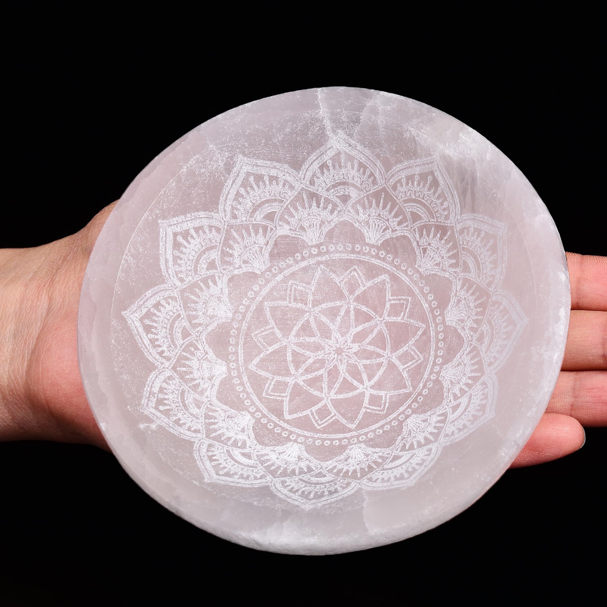 AMOYSTONE Natural Selenite Charging Bowl with Mandala Engraving 3.5-4'' Energy Cleansing Crystal Plate for Healing Meditation and Spiritual Home Decor