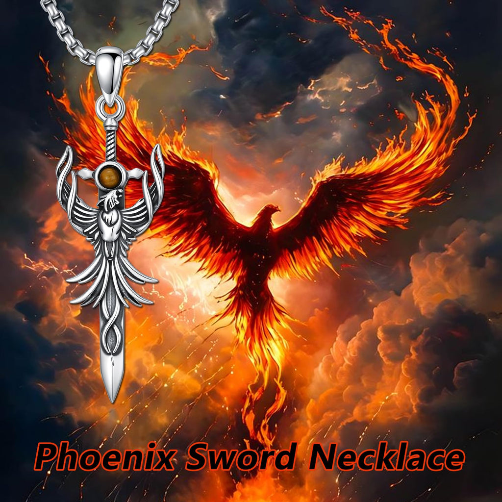PELOVNY Phoenix Necklace 925 Sterling Silver Shield/Sword/Crystal/Tarot Card/Dog Tag/Cross/Abalone/Axe Pendant Rising Bird Jewelry for Anniversary Birthday Christmas Gifts Men Women