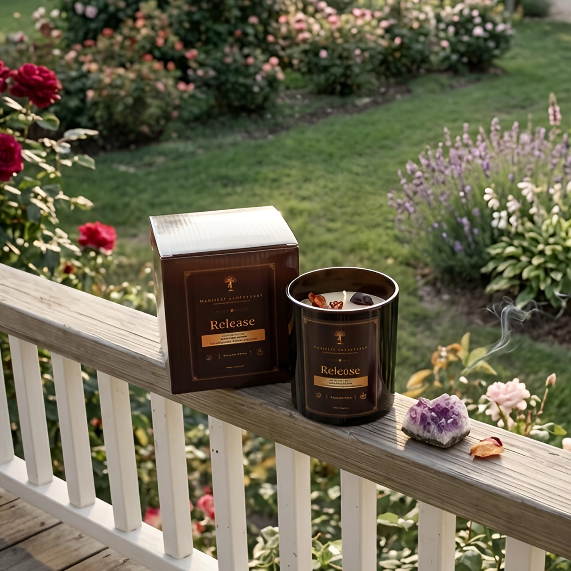 Aromatherapy Scented Candle for Women & Men - Infused with Rose Petals, Cannabis, & Amethyst Crystals - 100% Cotton Wick, 50 Hrs Burn Time & 10.5 Oz Hand-Poured Soy Candle for Relaxation & Mindfulness