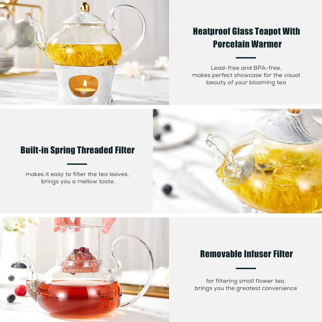DUJUST 21 pcs Small Tea Set of 6, Pink Marble Set, Handcraft Golden Trim, Porcelain Tea Pot Set for Kids&Adults, 1 Glass Teapot(22oz), 6 Cups(4oz), 6 Saucers, 6 Spoons, 1 Shelf&1 Warmer
