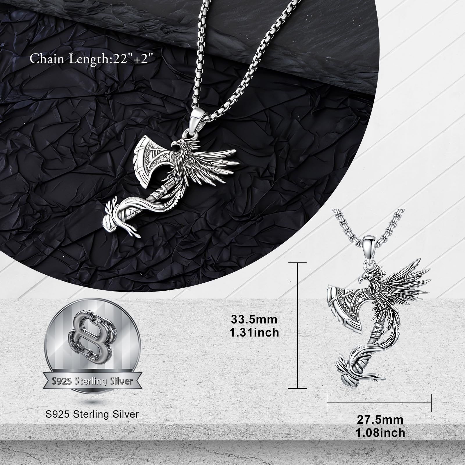 PELOVNY Phoenix Necklace 925 Sterling Silver Shield/Sword/Crystal/Tarot Card/Dog Tag/Cross/Abalone/Axe Pendant Rising Bird Jewelry for Anniversary Birthday Christmas Gifts Men Women