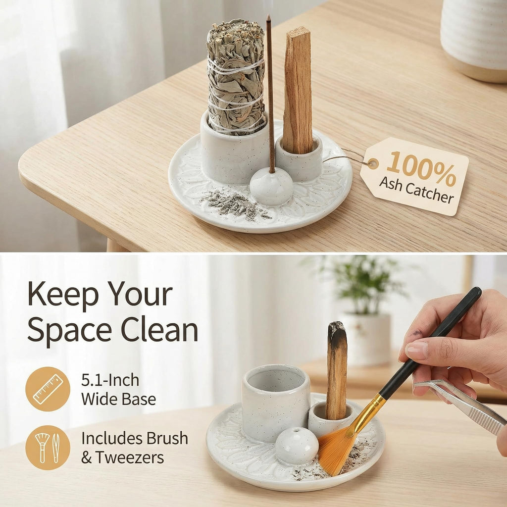 Handmade Ceramic Incense Burner for Palo Santo Incense Sticks, 4 in 1 Multi-Purpose Sage Holder for Burning, Ash Catcher Tray for Meditation Yoga Room (Golden)