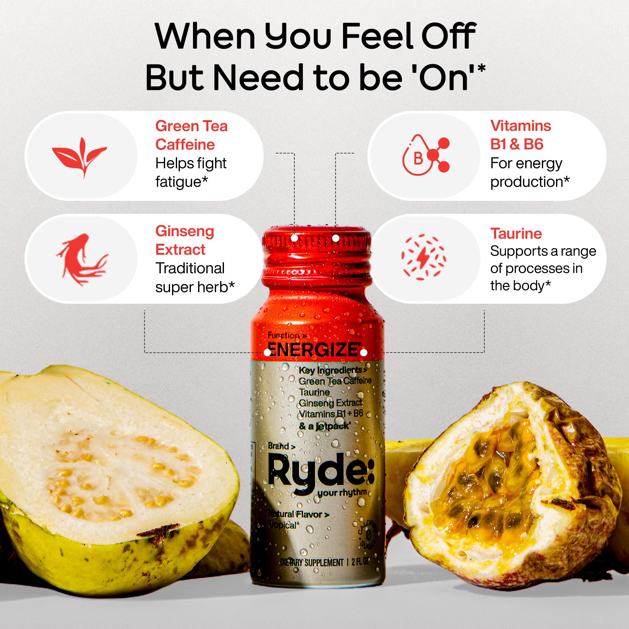 Ryde: Energize Shot | Tropical Flavor | Green Tea Caffeine, Taurine, Ginseng Extract & B Vitamins | 0 Calories, 0 Sugar | 2 FL OZ Shots | Boosts energy* (8 Pack)