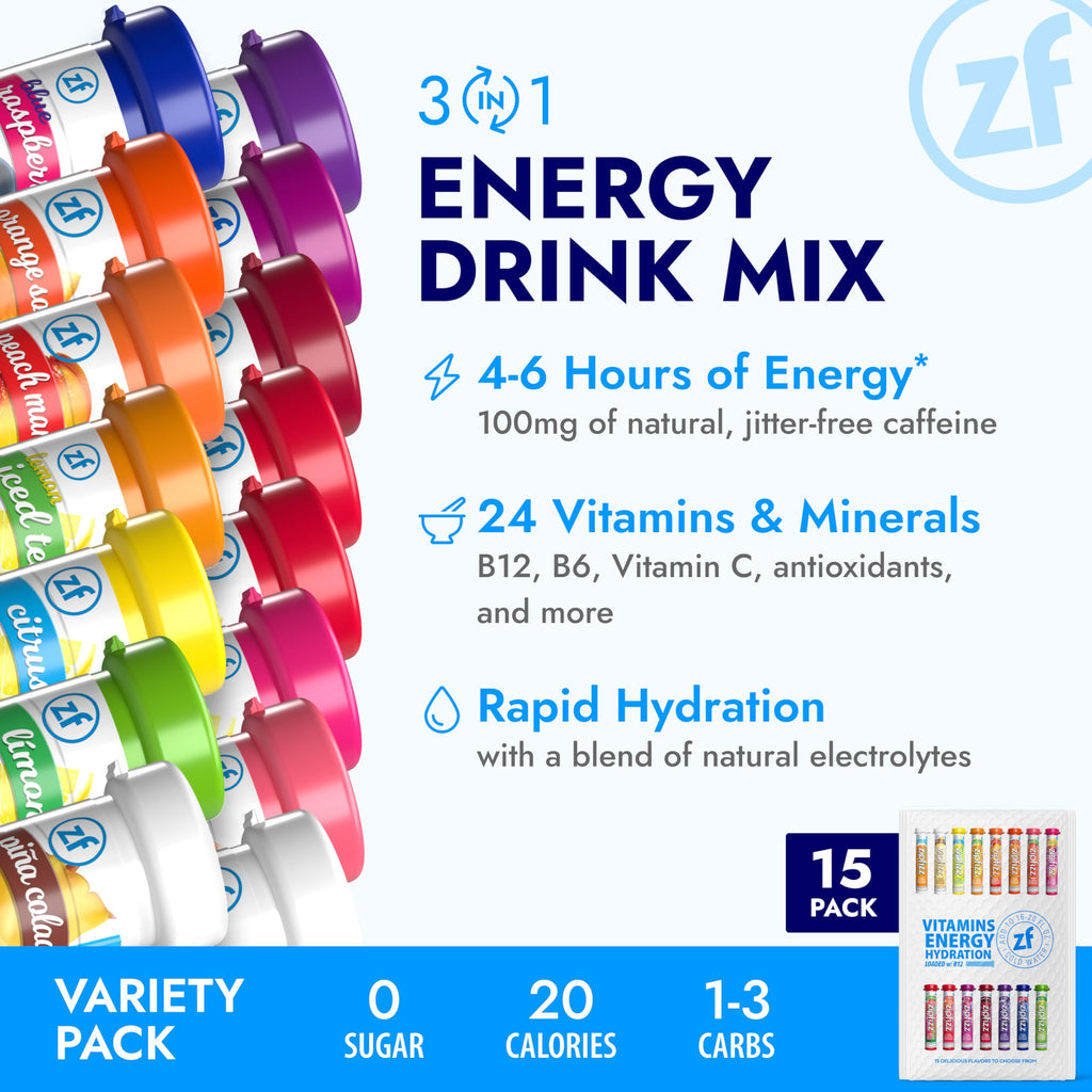 Zipfizz Daily Energy Drink Powder, Variety Pack, 15 Pack | 3-in-1 Sustained Energy, Rapid Hydration, and Essential Vitamins | Sugar-Free | Electrolyte Powder | Contains Vitamin B-12 & Antioxidants
