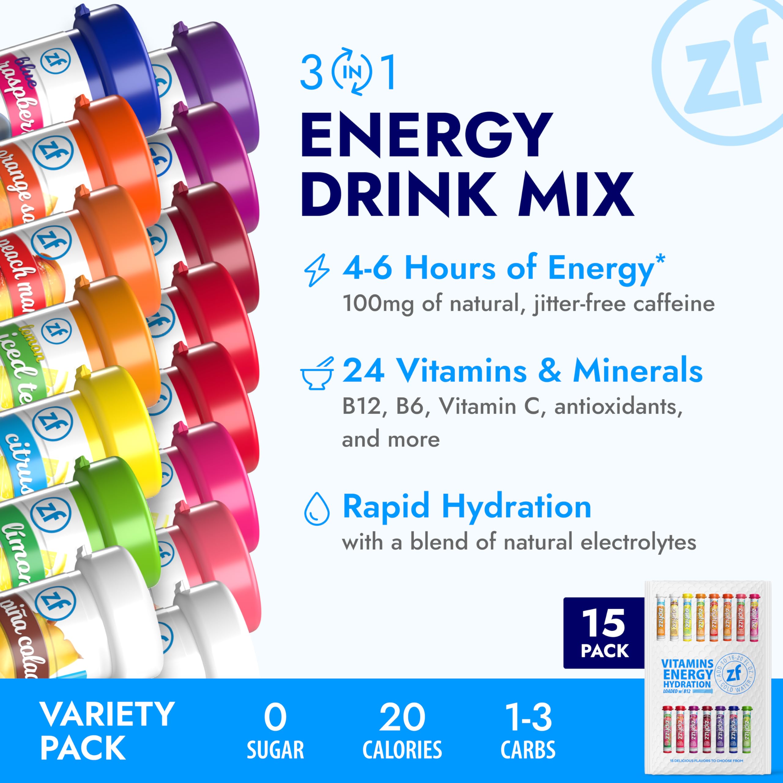 Zipfizz Daily Energy Drink Powder, Variety Pack, 15 Pack | 3-in-1 Sustained Energy, Rapid Hydration, and Essential Vitamins | Sugar-Free | Electrolyte Powder | Contains Vitamin B-12 & Antioxidants