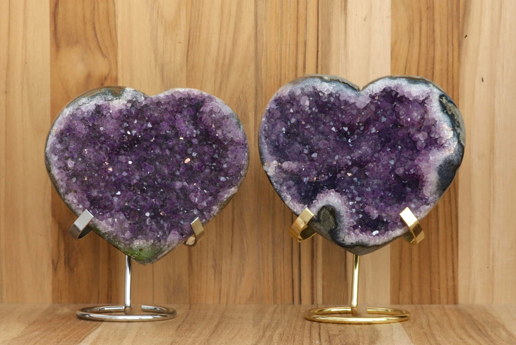 Hand-carved Amethyst Heart Cluster with Stand, Natural Raw Crystal Heart Stone 1–7 Inch tall (50g–1200g), Reiki Healing Gemstone, Love, spiritual Valentine Gift. (200-350 Grams-1.5 to 2.5" tall)