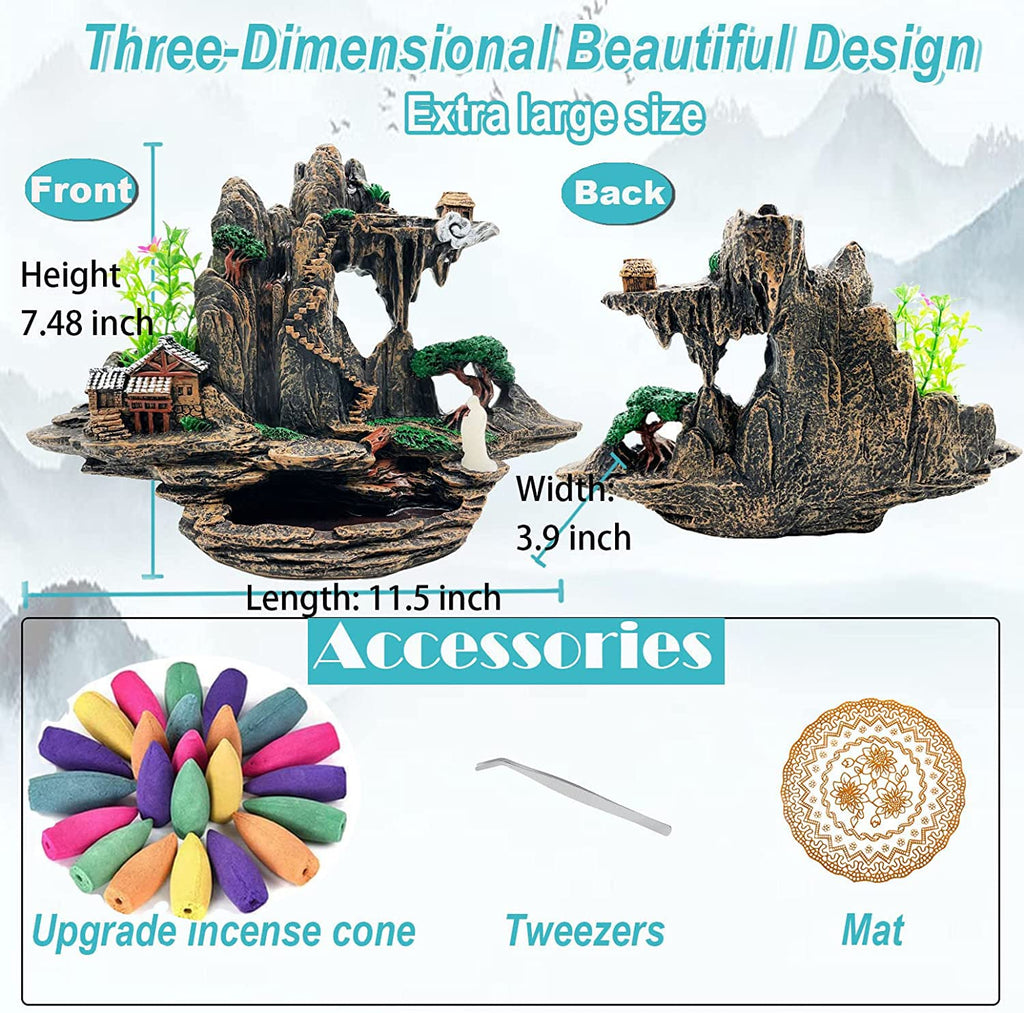 Mountain Waterfall Incense Burner，Backfall Incense Holder River, Incense Falls Meditation Decor for Room with Upgrade Incense Cones and Accessories (5in1 Palo Santo)
