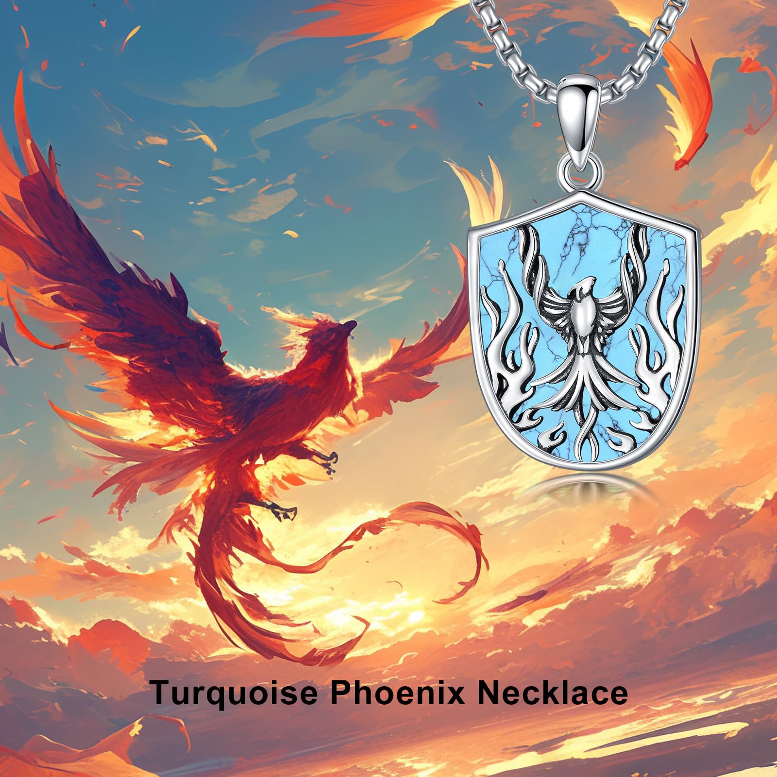 PELOVNY Phoenix Necklace 925 Sterling Silver Shield/Sword/Crystal/Tarot Card/Dog Tag/Cross/Abalone/Axe Pendant Rising Bird Jewelry for Anniversary Birthday Christmas Gifts Men Women