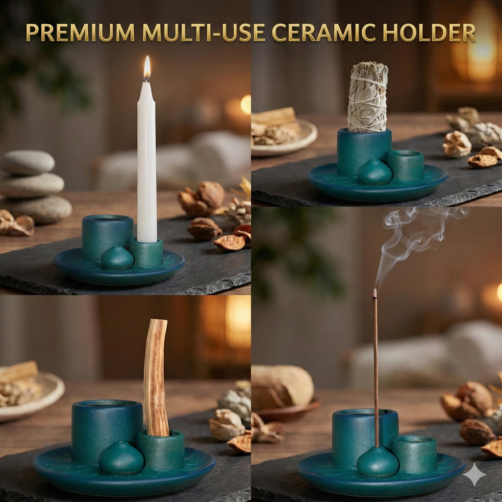 Handmade Ceramic Incense Burner for Palo Santo Incense Sticks, 4 in 1 Multi-Purpose Sage Holder for Burning, Ash Catcher Tray for Meditation Yoga Room (Golden)