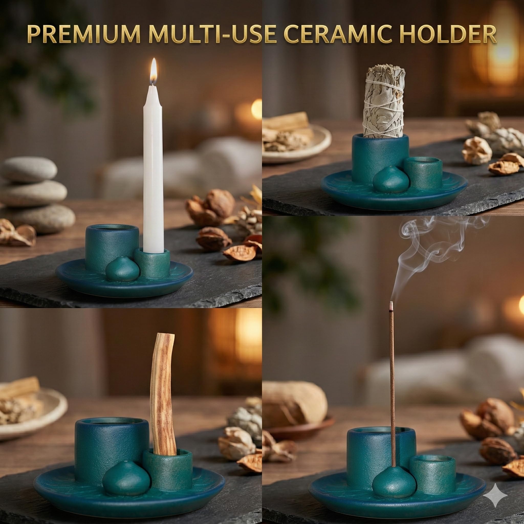 Handmade Ceramic Incense Burner for Palo Santo Incense Sticks, 4 in 1 Multi-Purpose Sage Holder for Burning, Ash Catcher Tray for Meditation Yoga Room (Golden)