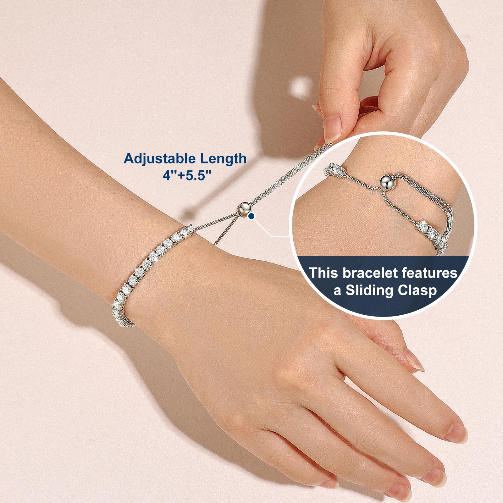 Moissanite Tennis Bracelet 1.79ct-8.69ct Adjustable Bracelet for Women 18K White Gold Plated S925 Sterling Silver Tennis Bracelet D Color VVS1 Round Cut 2/3/4mm Moissanite Bracelet Gifts for Wife/Mom