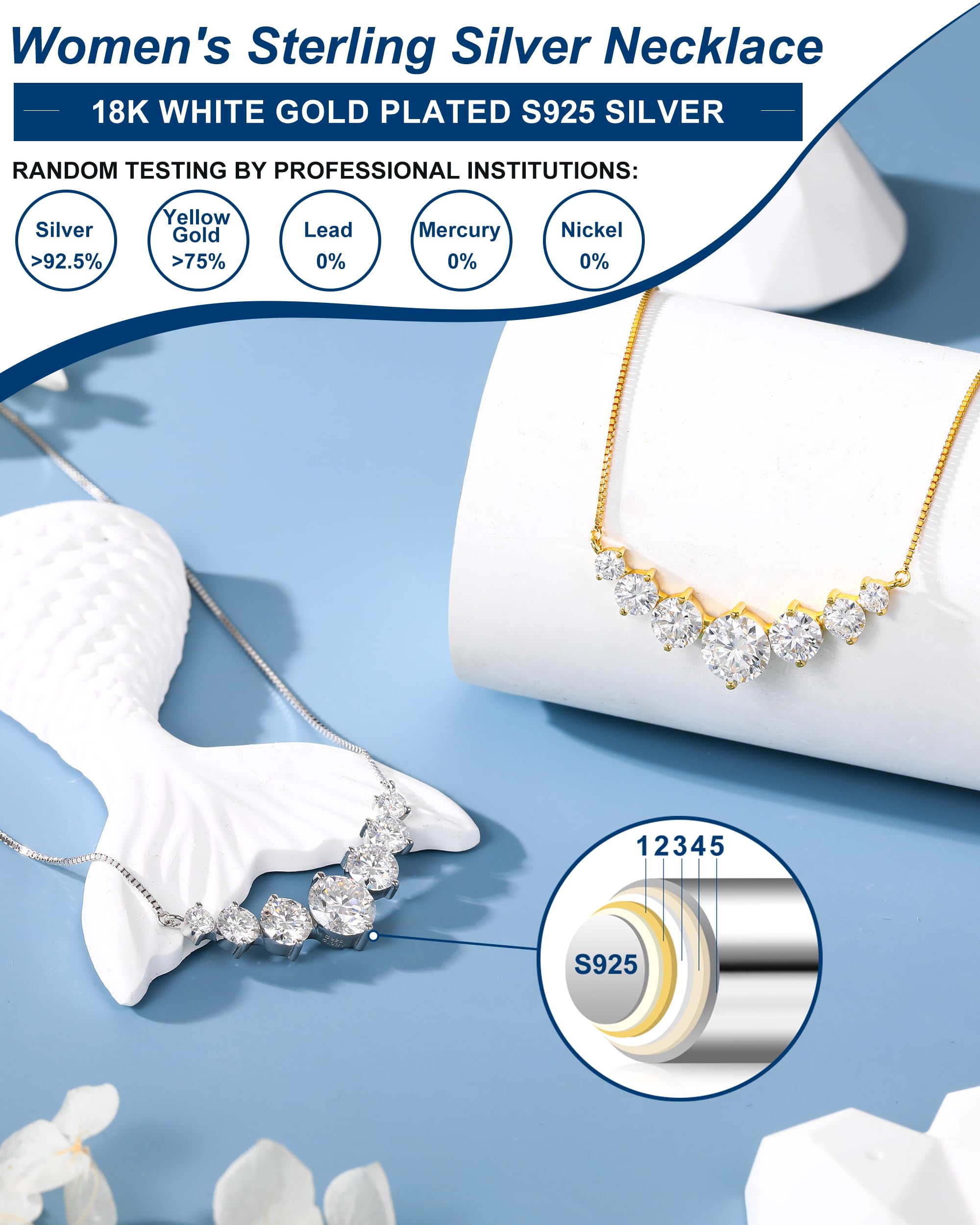 TUHE 7 Stones Moissanite Necklace for Women, 1.7-5.0 Carat Smile Moissanite Pendant Necklace 18k Gold Plated Sterling Silver 16.5+2.5 inch Box Chain Tennis Necklaces with Certificate of Authenticity