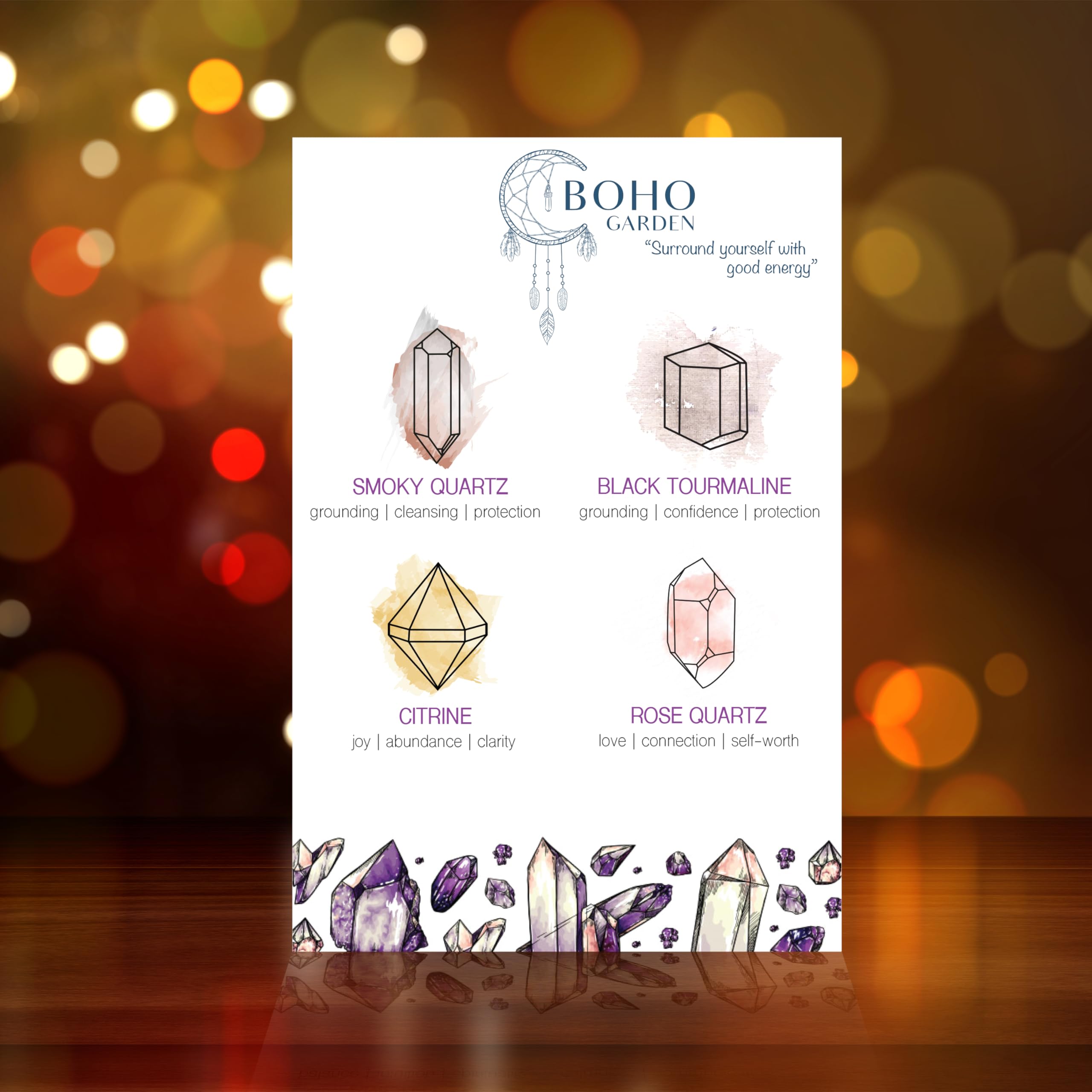 BOHO GARDEN Crystal Hanging Car Charm - Purple Rear View Mirror Hanging Car Accessories for Women, Moon Decor Hanging Ornament, Witchy Gifts and Healing Stones - Rose Quartz & Amethyst