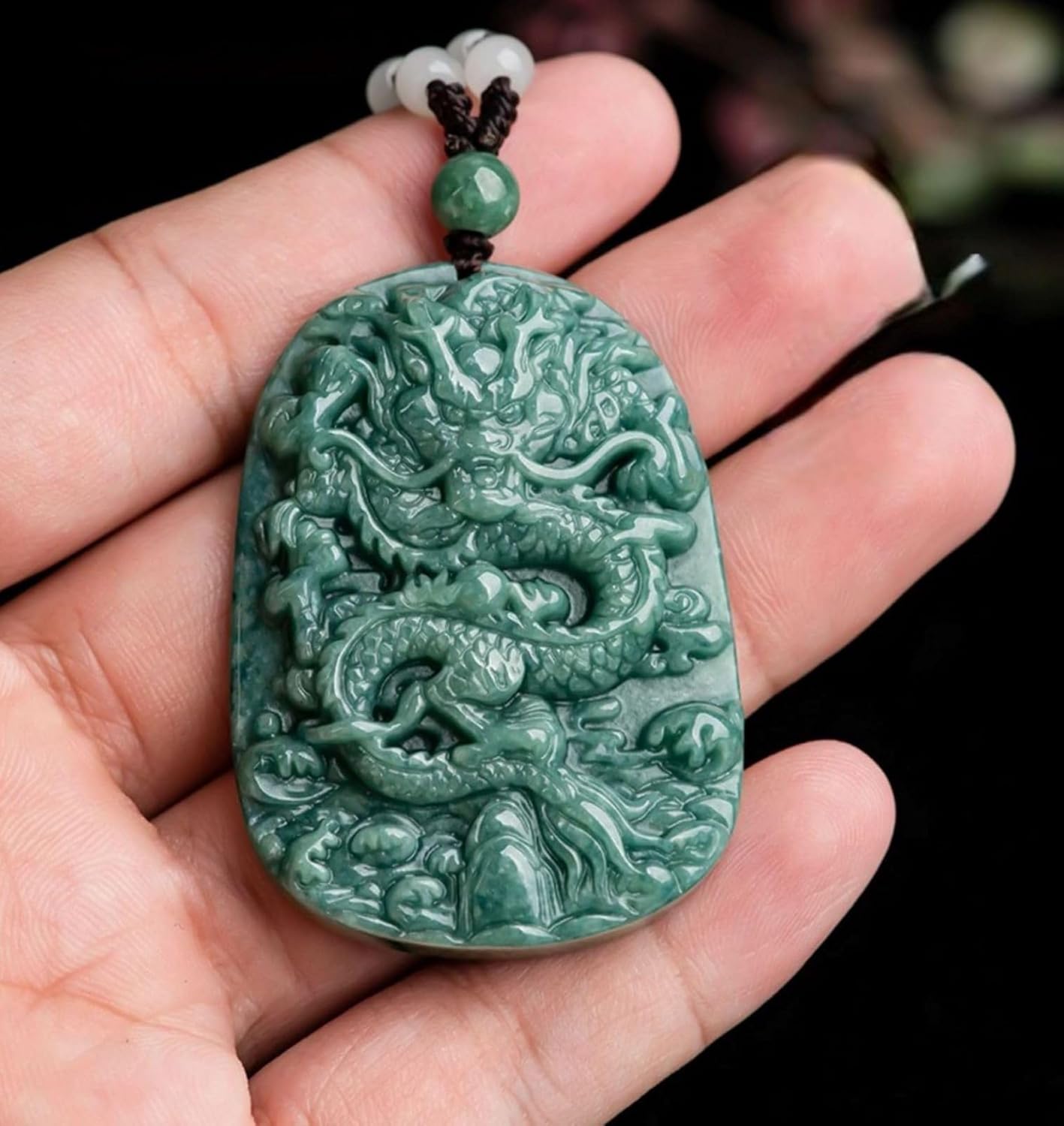Natural Jade Dragon Pendant Necklace Grade A Untreated Burmese Jadeite Certified Hand carved Double-sided Delicate Carving Green Amulet for Men and Women
