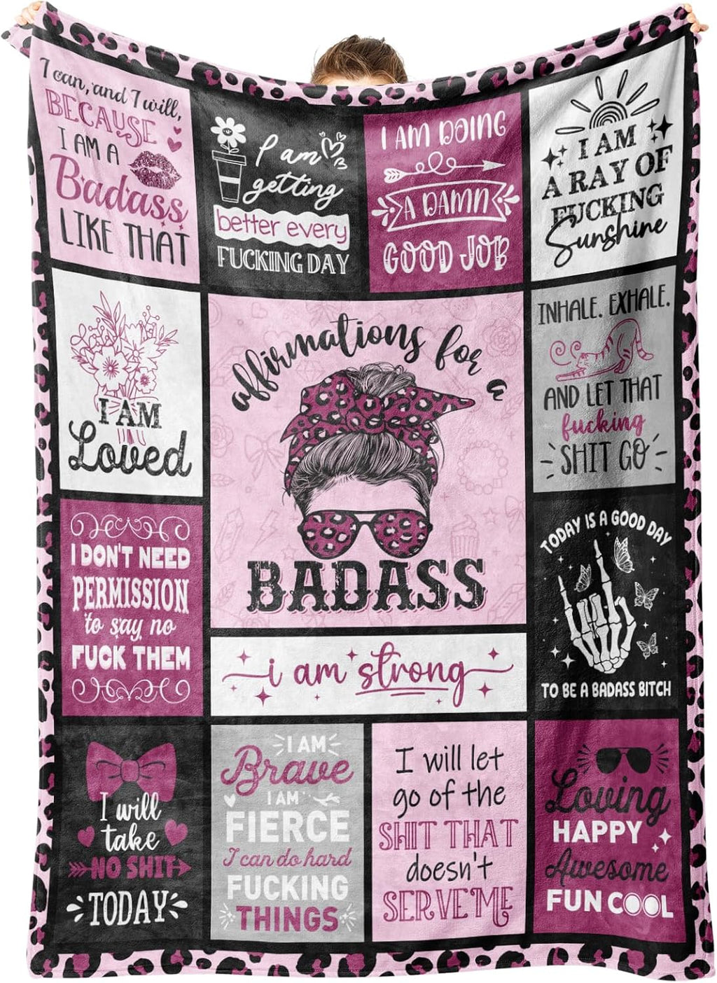 Craftique Affirmations for a Badass Blanket, Birthday Gifts for Women, Daily Motivational/Inspirational/Self Care Blanket for Women, Funny Practical Badass Affirmations Blankets, Soft