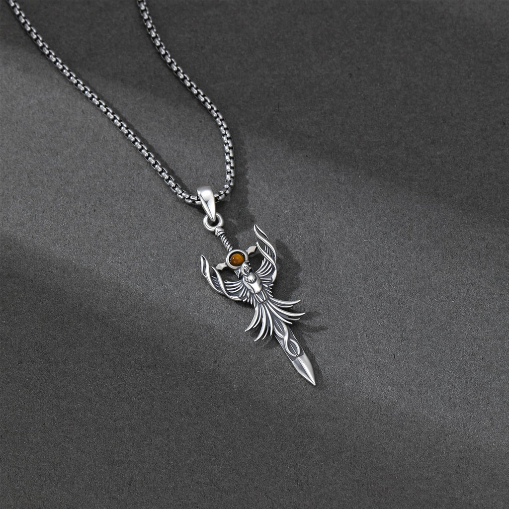 PELOVNY Phoenix Necklace 925 Sterling Silver Shield/Sword/Crystal/Tarot Card/Dog Tag/Cross/Abalone/Axe Pendant Rising Bird Jewelry for Anniversary Birthday Christmas Gifts Men Women