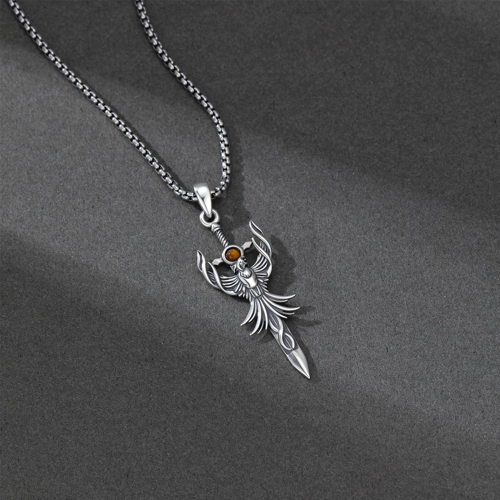 PELOVNY Phoenix Necklace 925 Sterling Silver Shield/Sword/Crystal/Tarot Card/Dog Tag/Cross/Abalone/Axe Pendant Rising Bird Jewelry for Anniversary Birthday Christmas Gifts Men Women