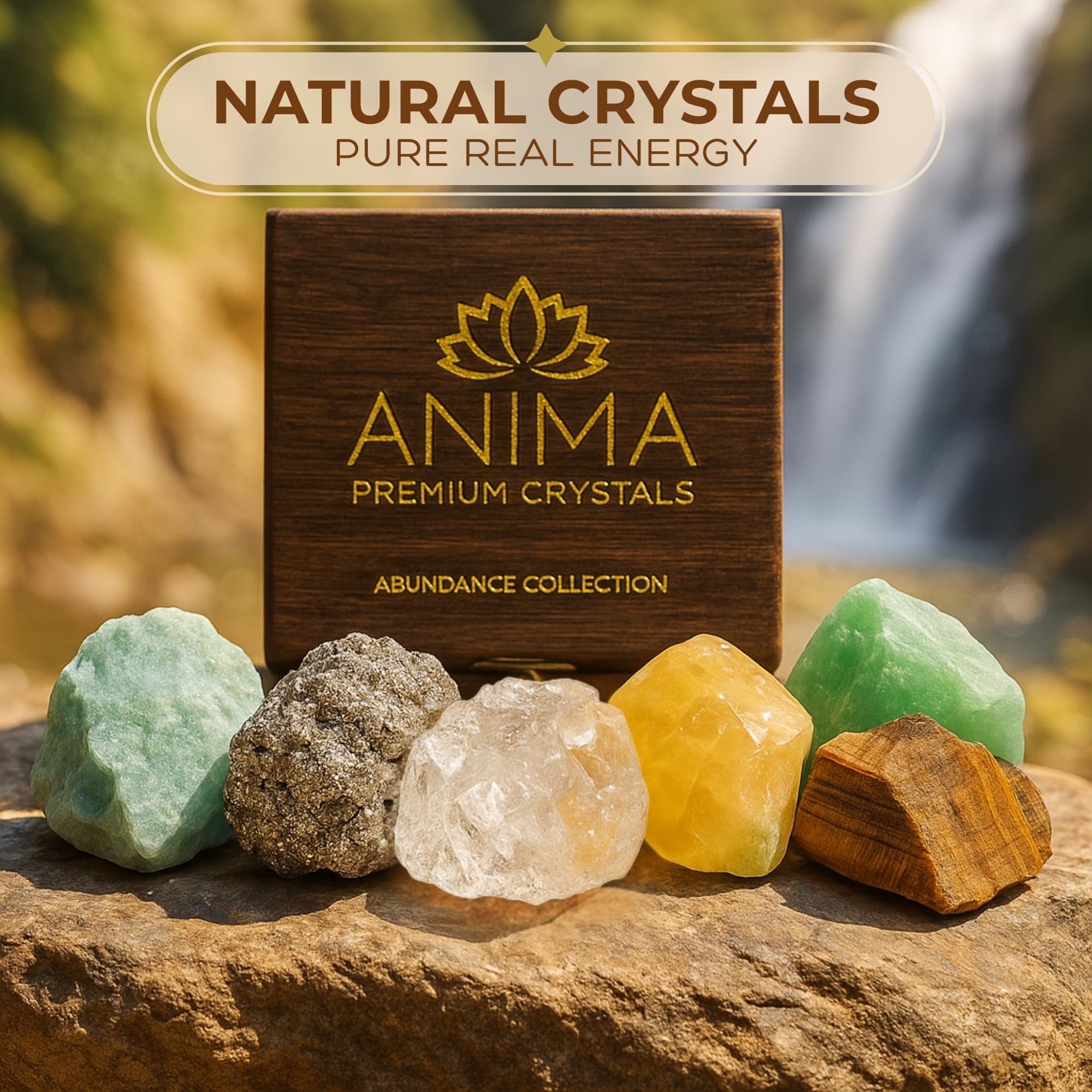 Anima Premium Protection Healing Crystals Set for Energy Shielding - Large Raw Obsidian, Black Tourmaline, Labradorite, Smoky Quartz & Selenite Bar - Wooden Gift Box and Guide Booklet Included