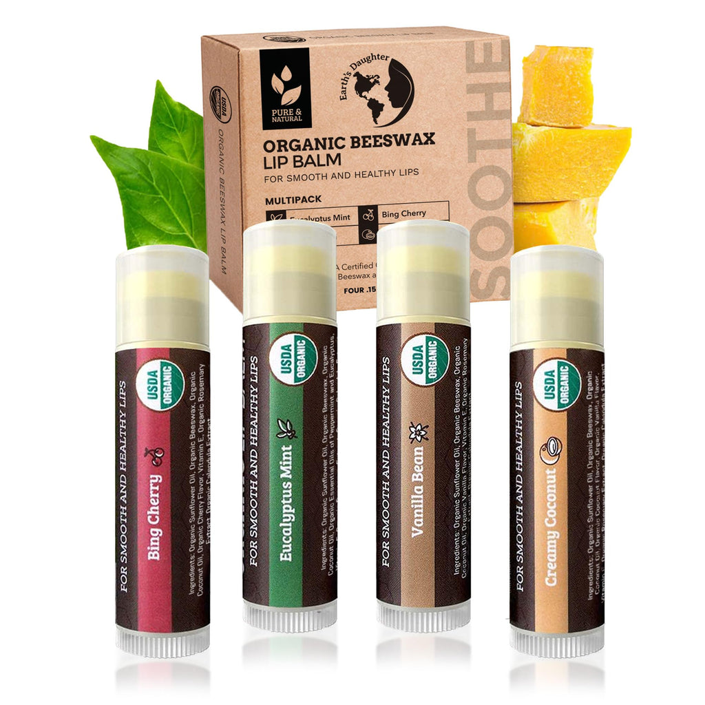 Earth's Daughter USDA Organic Lip Balm 6-Pack - Fruit Flavors, Beeswax, Coconut Oil, Vitamin E - Best Lip Repair Chapstick for Dry Cracked Lips - Moisturizing Lip Care