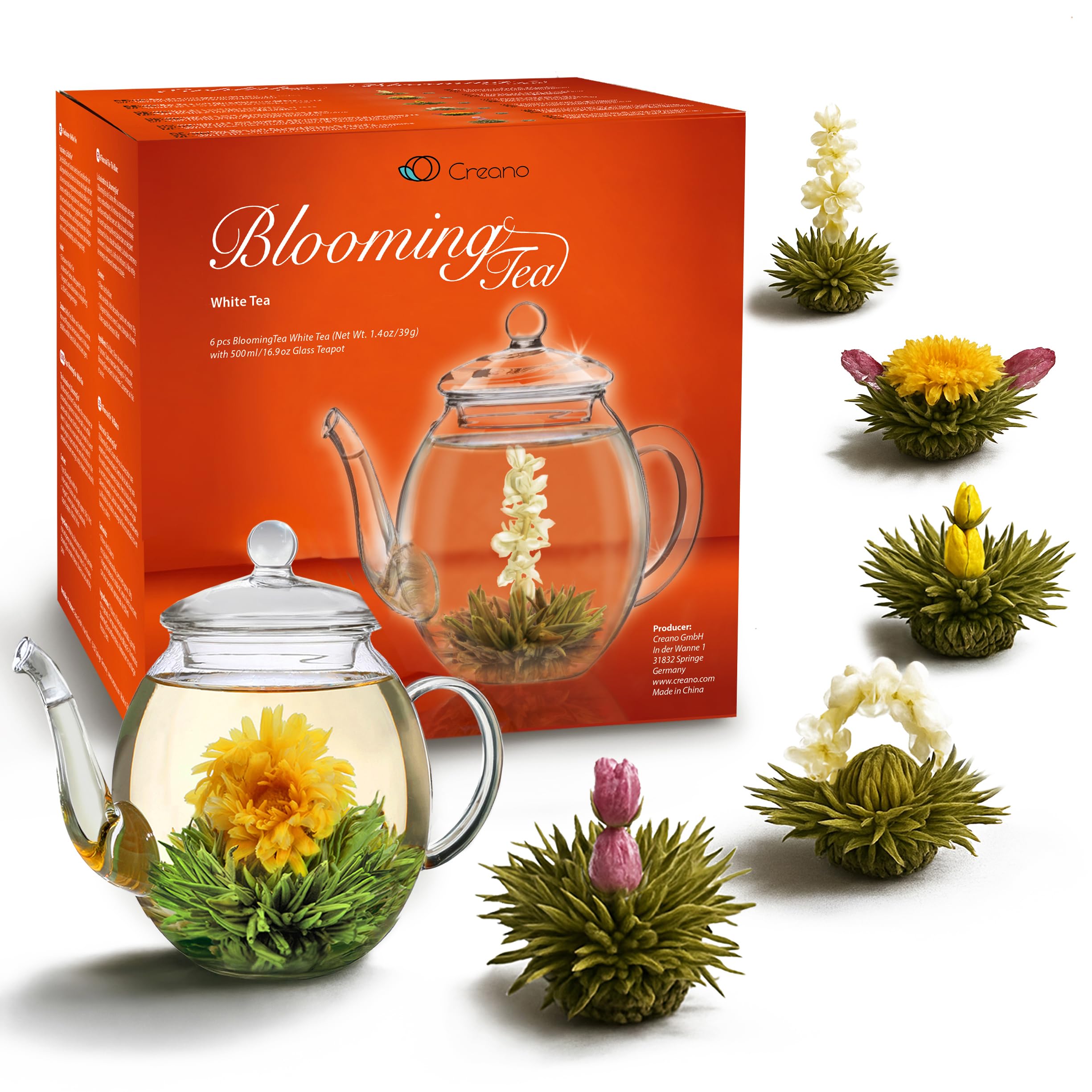 Creano Blooming Tea Gift Set with Glass Teapot 17oz (500ml) - Green Tea Fruity Flavoured Tea Flowers in 6 Varieties - Flowering Tea Gift for Easter