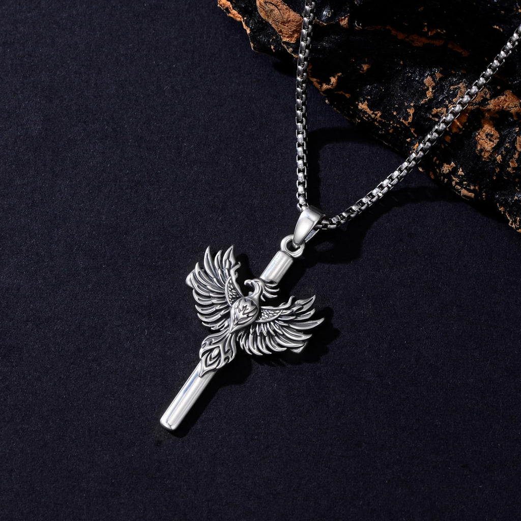 PELOVNY Phoenix Necklace 925 Sterling Silver Shield/Sword/Crystal/Tarot Card/Dog Tag/Cross/Abalone/Axe Pendant Rising Bird Jewelry for Anniversary Birthday Christmas Gifts Men Women