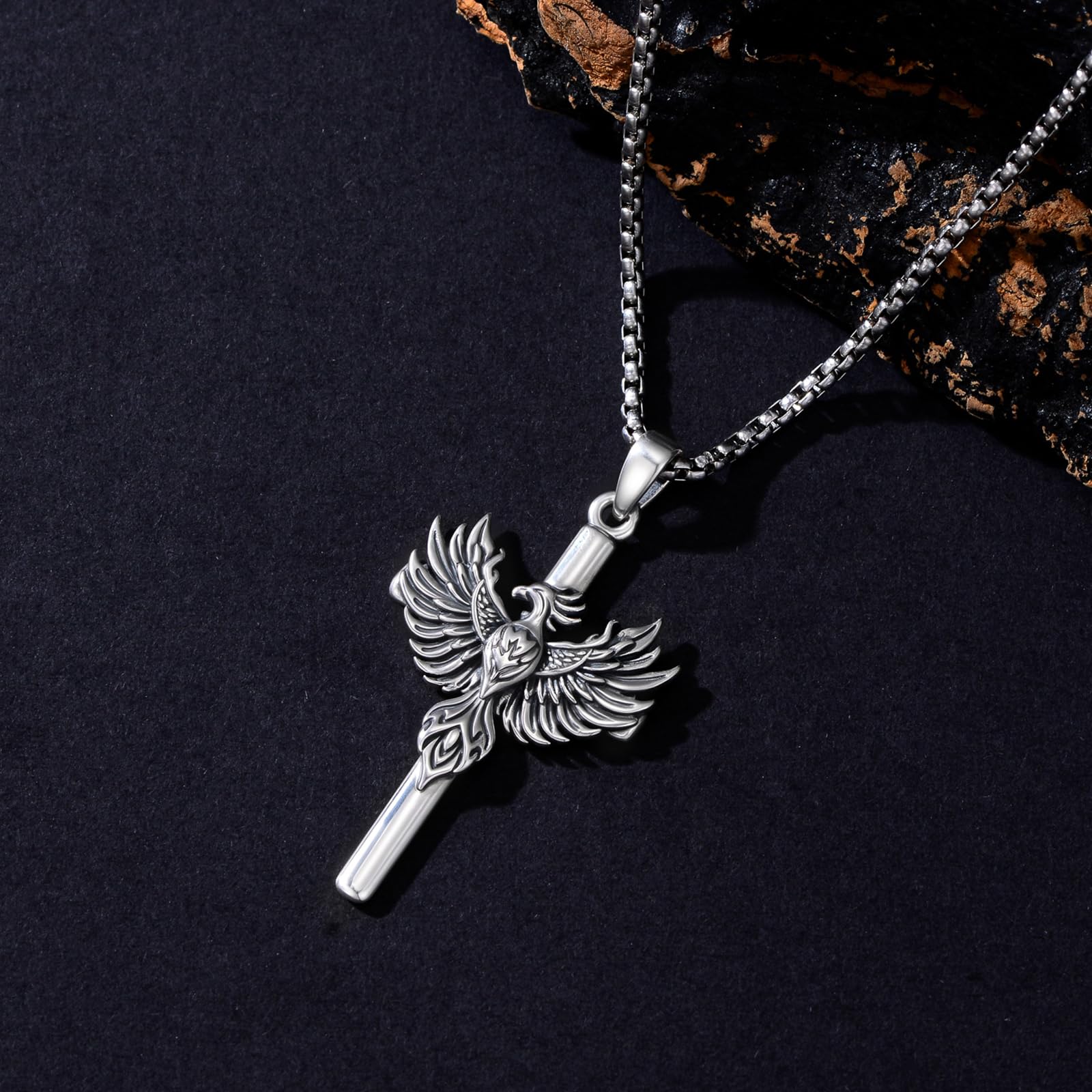 PELOVNY Phoenix Necklace 925 Sterling Silver Shield/Sword/Crystal/Tarot Card/Dog Tag/Cross/Abalone/Axe Pendant Rising Bird Jewelry for Anniversary Birthday Christmas Gifts Men Women