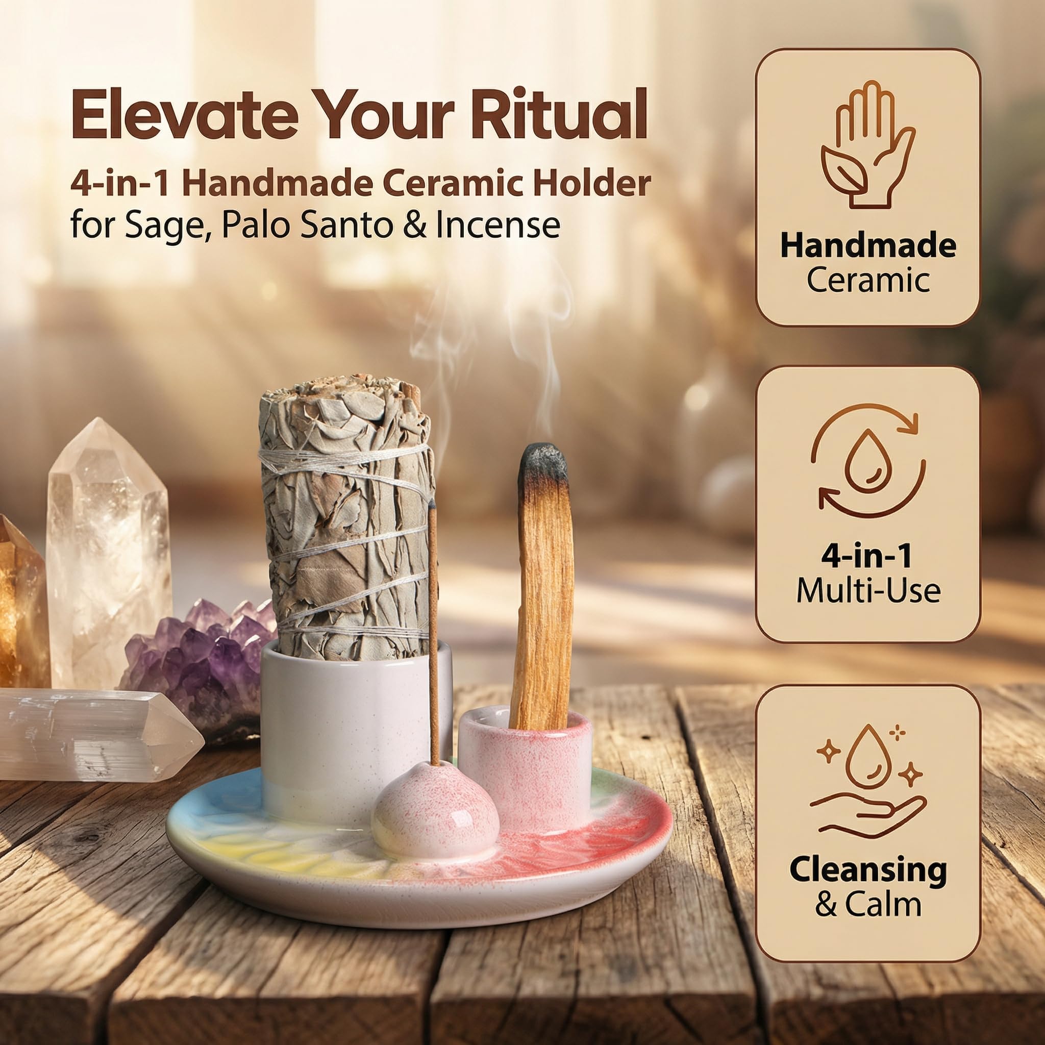 Handmade Ceramic Incense Burner for Palo Santo Incense Sticks, 4 in 1 Multi-Purpose Sage Holder for Burning, Ash Catcher Tray for Meditation Yoga Room (Golden)