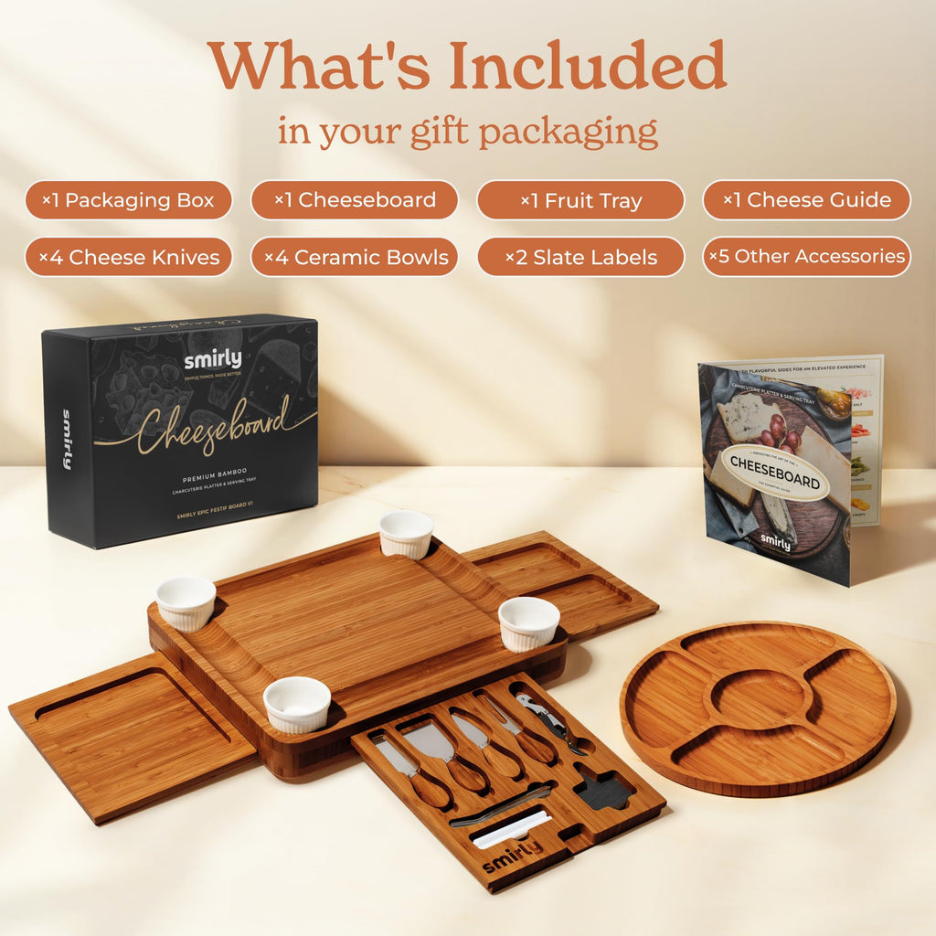 SMIRLY Charcuterie Boards Set - Large Bamboo Cheese Board Set - House Warming Gifts New Home, Wedding Gift for Couple, Bridal Shower Gift, Birthday Gifts for Women