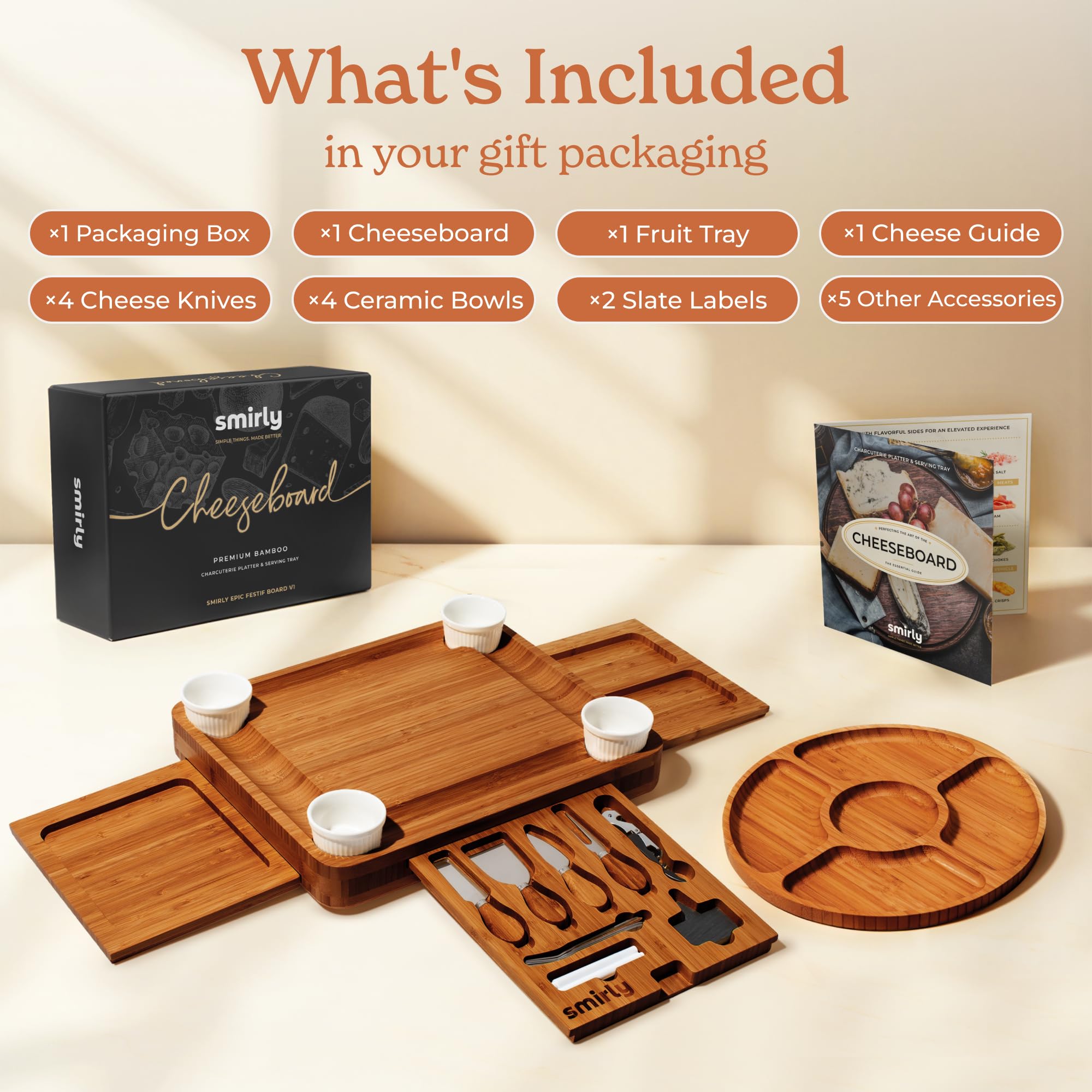 SMIRLY Charcuterie Boards Set - Large Bamboo Cheese Board Set - House Warming Gifts New Home, Wedding Gift for Couple, Bridal Shower Gift, Birthday Gifts for Women