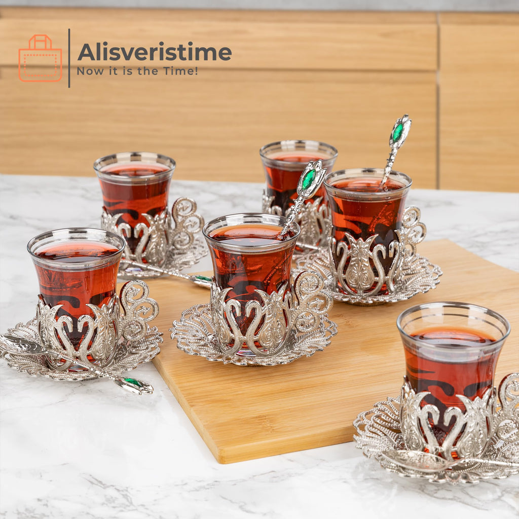 Alisveristime (SET OF 6 Handmade Turkish Tea Water Zamzam Serving Set Glasses Saucer and Spoon (Ottoman) (Gold)