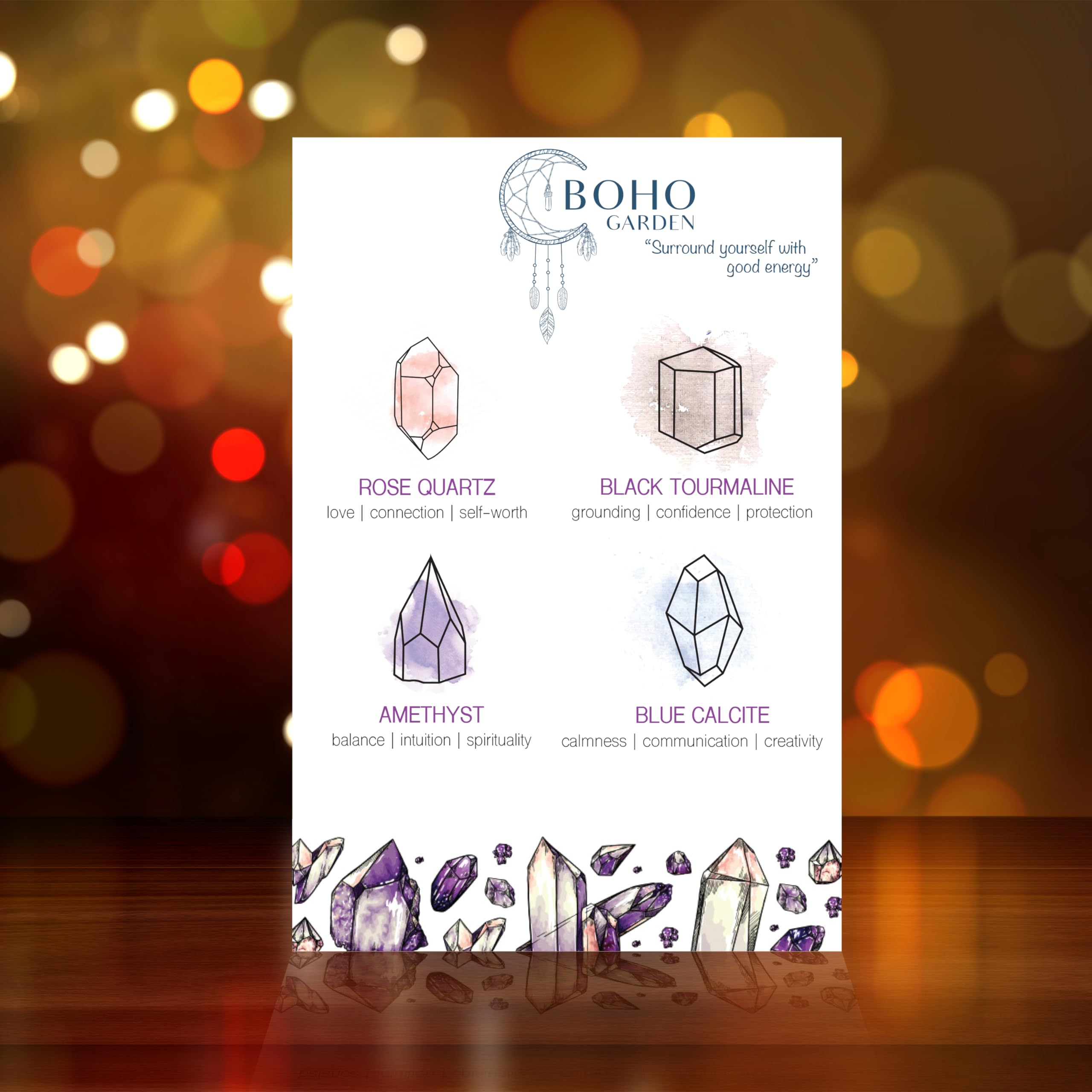 BOHO GARDEN Crystal Hanging Car Charm - Purple Rear View Mirror Hanging Car Accessories for Women, Moon Decor Hanging Ornament, Witchy Gifts and Healing Stones - Rose Quartz & Amethyst