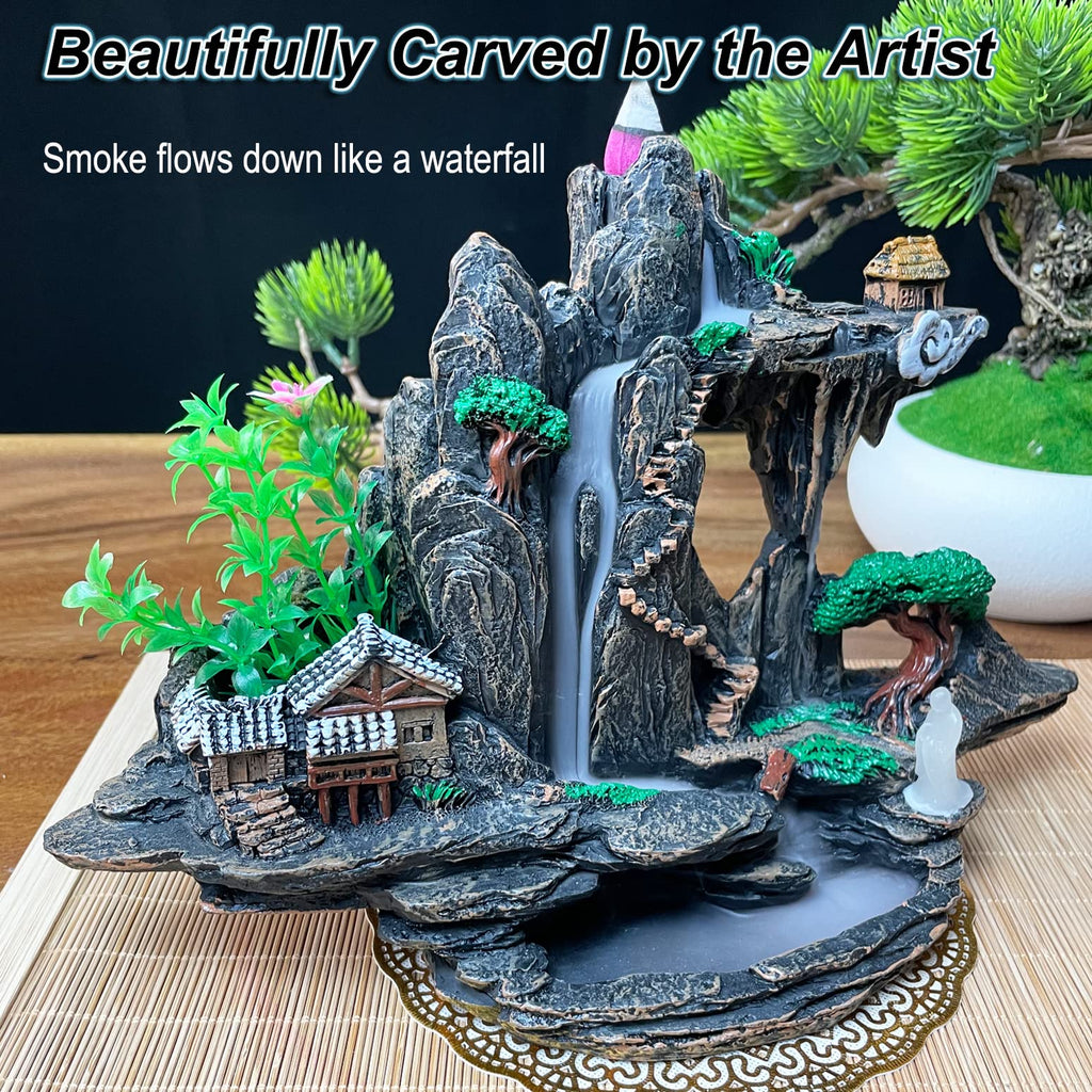 Mountain Waterfall Incense Burner，Backfall Incense Holder River, Incense Falls Meditation Decor for Room with Upgrade Incense Cones and Accessories (5in1 Palo Santo)