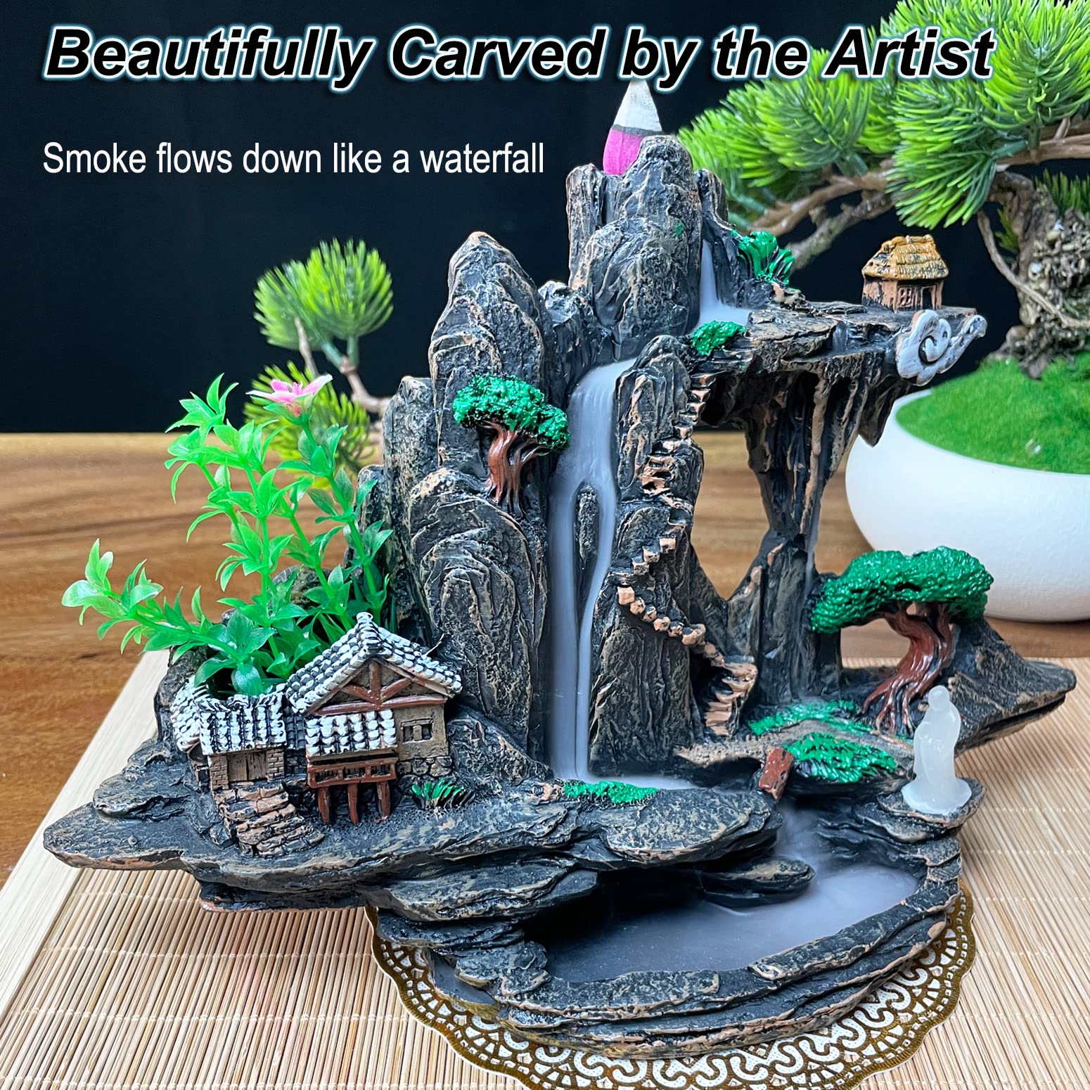 Mountain Waterfall Incense Burner，Backfall Incense Holder River, Incense Falls Meditation Decor for Room with Upgrade Incense Cones and Accessories (5in1 Palo Santo)