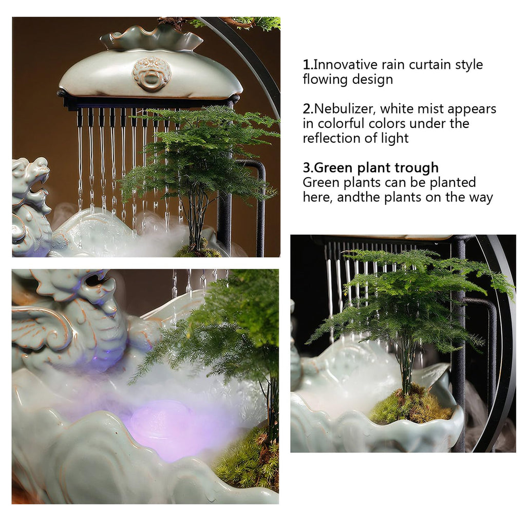 Waterfall Fountain Indoor with Mist, Tabletop Water Fountain,Desk Chinese Ceramic Pixiu Statue with LED Light Ring and Backflow Incense Burner Holder