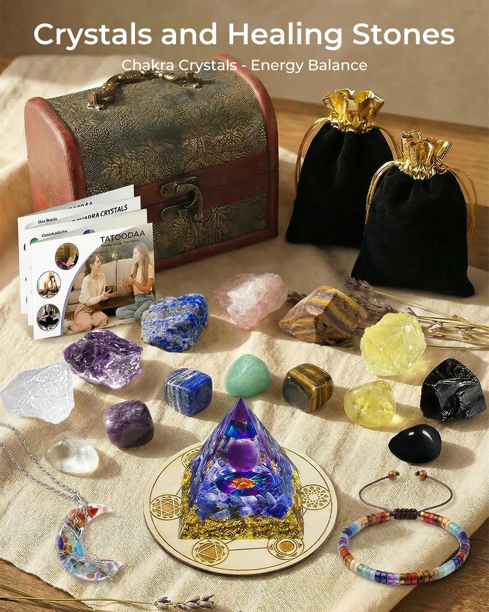 Crystals and Healing Stones, 9 Pcs Healing Crystals Set, 7 Chakra Crystal Stones Set Real Natural Selenite Pyramid Reiki Raw Rock Energy Protection Meditation with Wooden Box, Crystal Gifts for Women