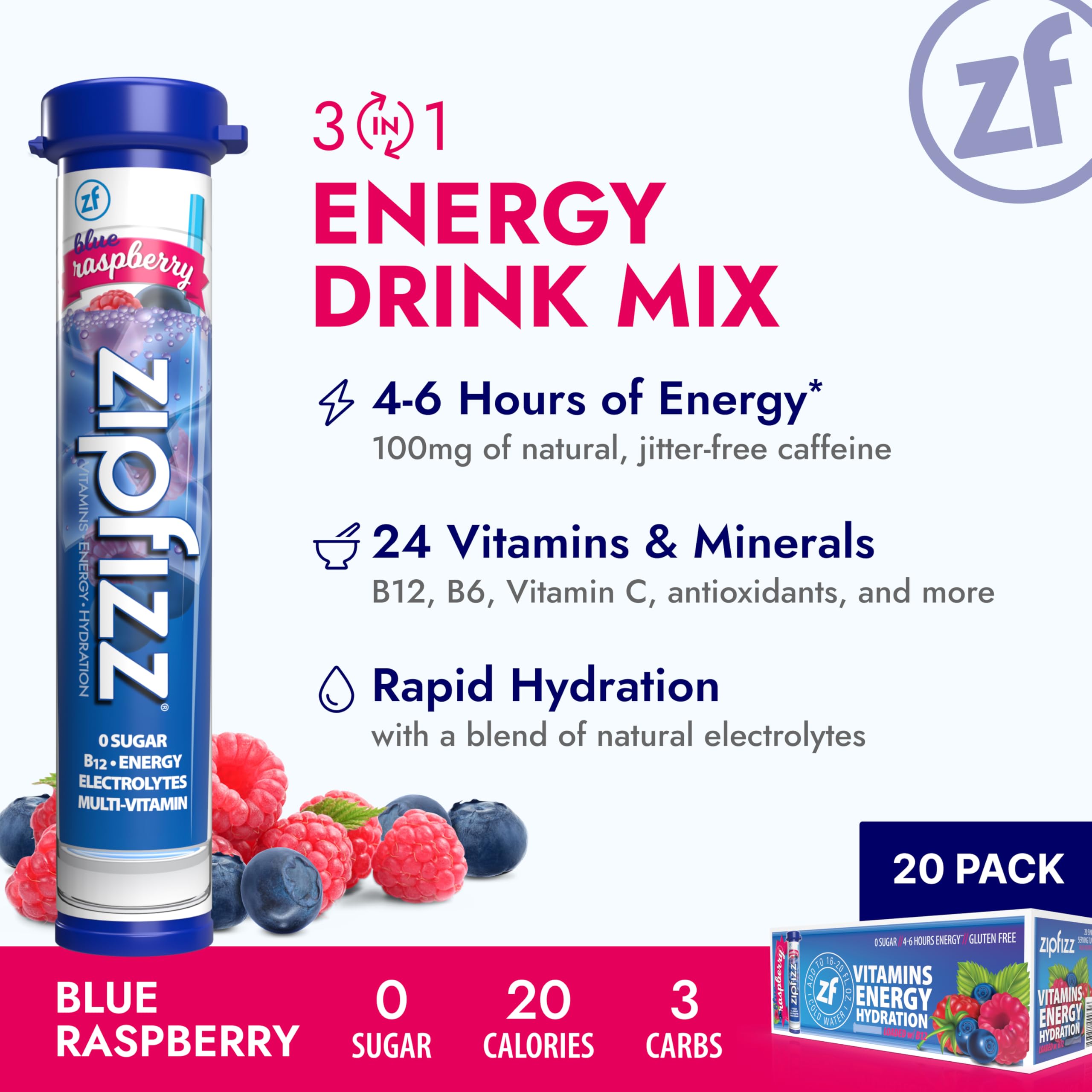 Zipfizz Daily Energy Drink Powder, Variety Pack, 15 Pack | 3-in-1 Sustained Energy, Rapid Hydration, and Essential Vitamins | Sugar-Free | Electrolyte Powder | Contains Vitamin B-12 & Antioxidants