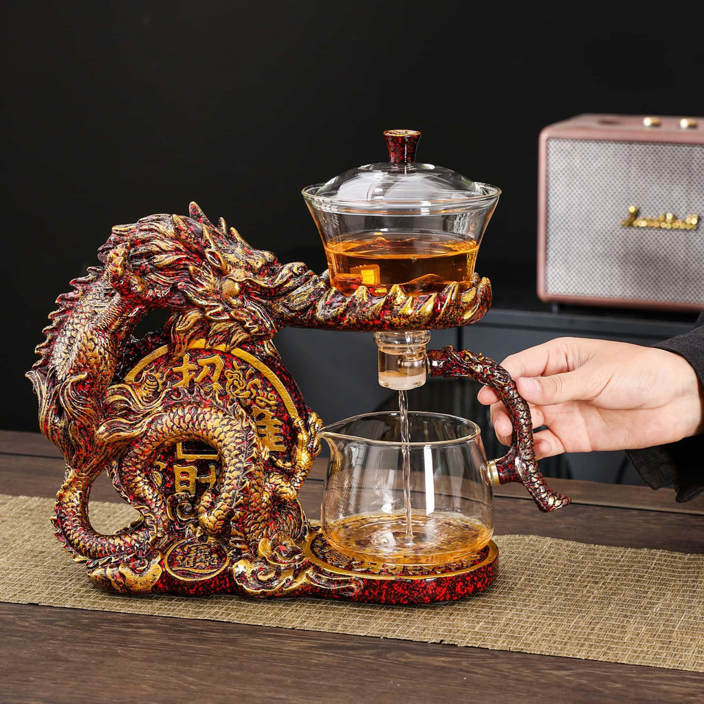 Glass Teapot Set with Infuser Semi Automatic Dragon Tea Set with 6 Small Cups (red golden dragon-b)