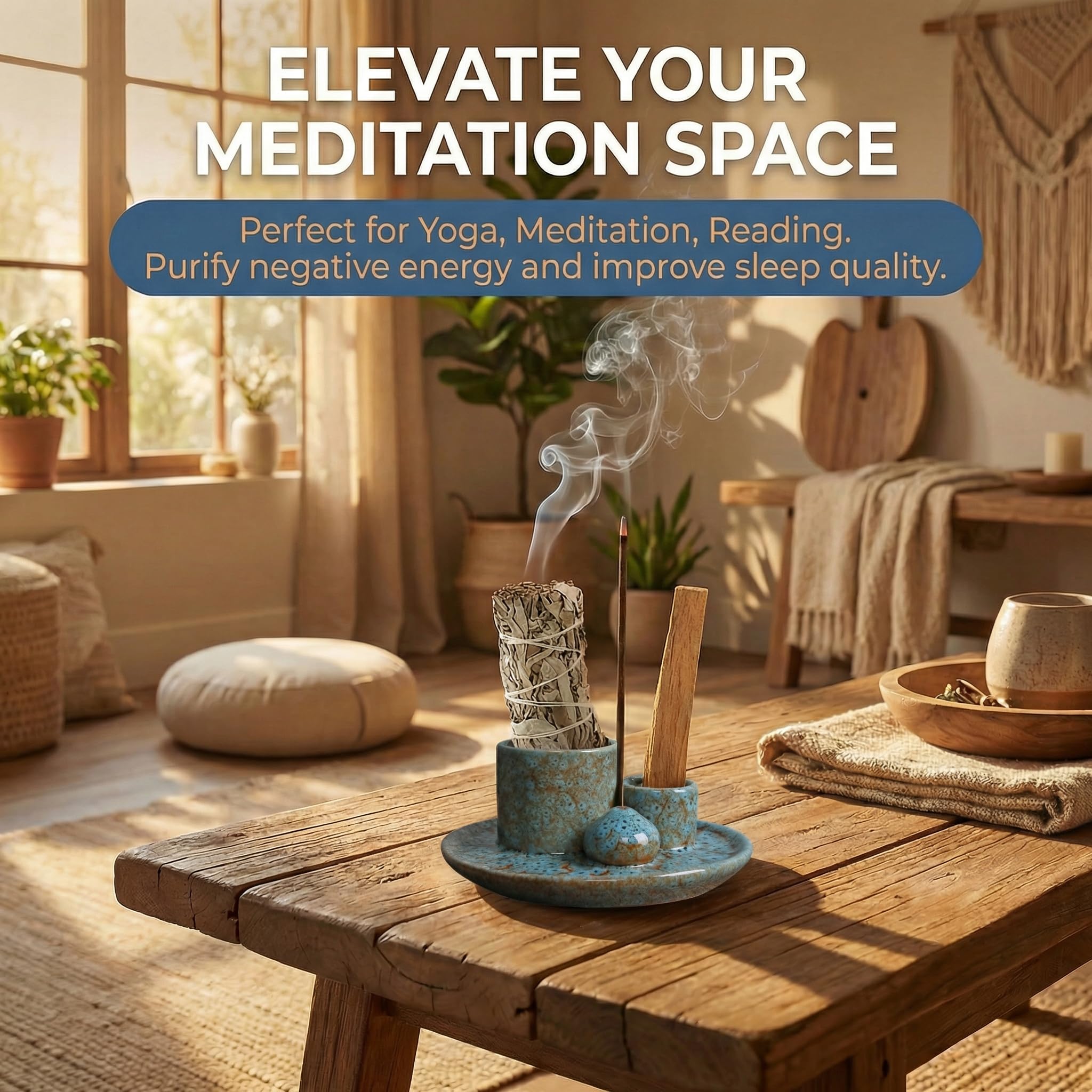 Handmade Ceramic Incense Burner for Palo Santo Incense Sticks, 4 in 1 Multi-Purpose Sage Holder for Burning, Ash Catcher Tray for Meditation Yoga Room (Golden)