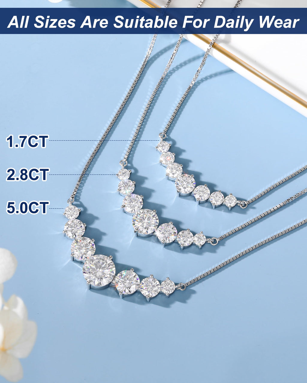 TUHE 7 Stones Moissanite Necklace for Women, 1.7-5.0 Carat Smile Moissanite Pendant Necklace 18k Gold Plated Sterling Silver 16.5+2.5 inch Box Chain Tennis Necklaces with Certificate of Authenticity