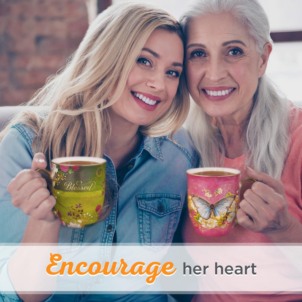 Christian Art Gifts Pink Butterfly Ceramic Coffee Mug with Gold Accents – 14 oz. Lead and Cadmium-free Inspirational Scripture Coffee and Tea Mug for Women with Bible Verse: Be Still – Psalm 46:10