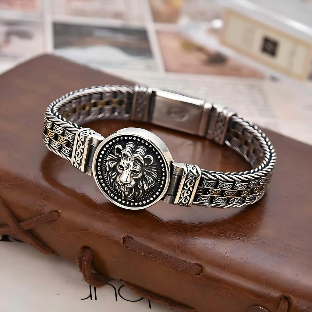 Italian Handmade Sterling Silver Mens Bracelets | Solid S925 Chain Bracelets | Men's Silver Bracelet Gift for Dad, Boyfriend, Son, My Man (8.6'' Lion Circular Vintage)
