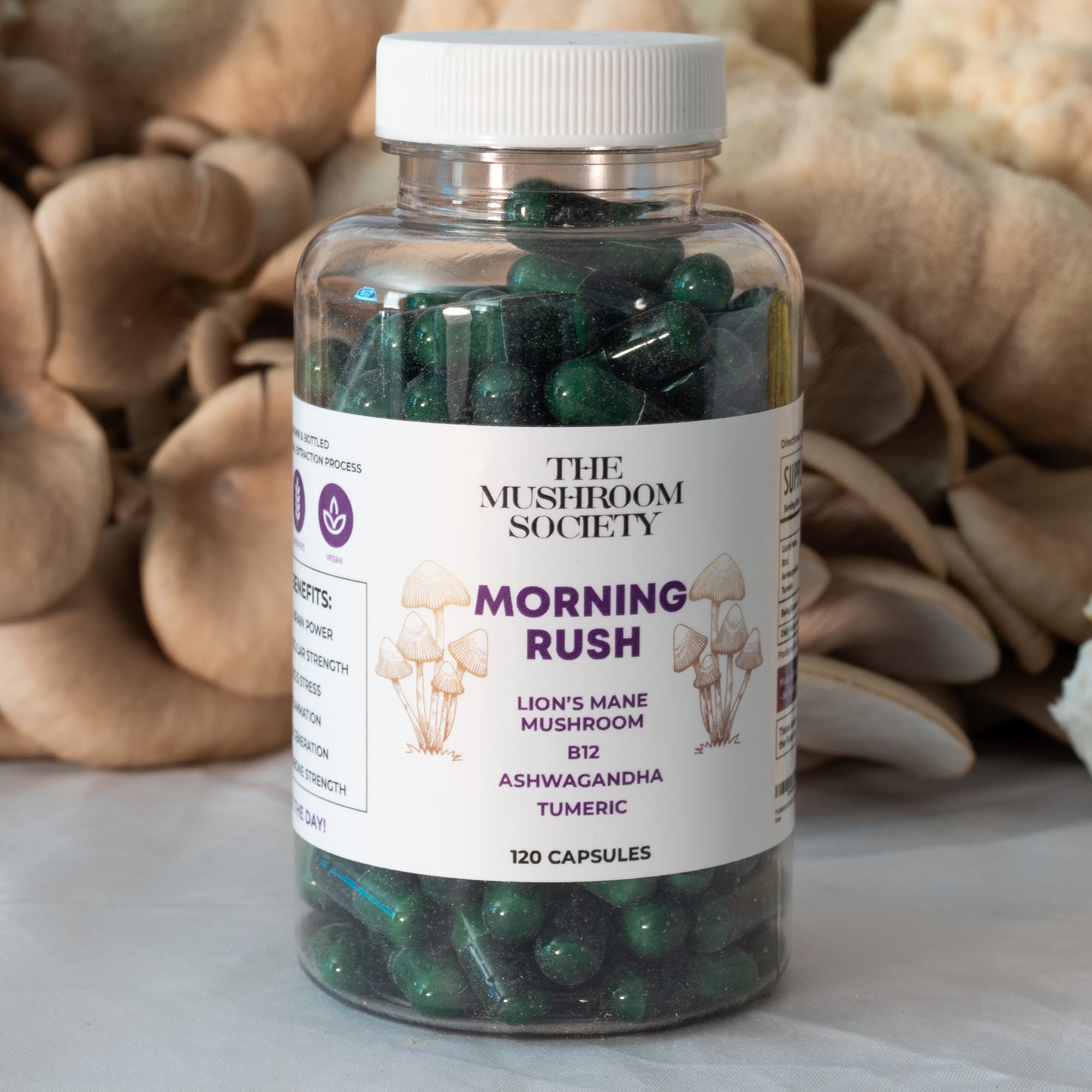 Morning Rush - Lion’s Mane, Ashwagandha, Turmeric & B12 Extract Blend Supplement - Focus & Energy Support - 60 Vegan Capsules