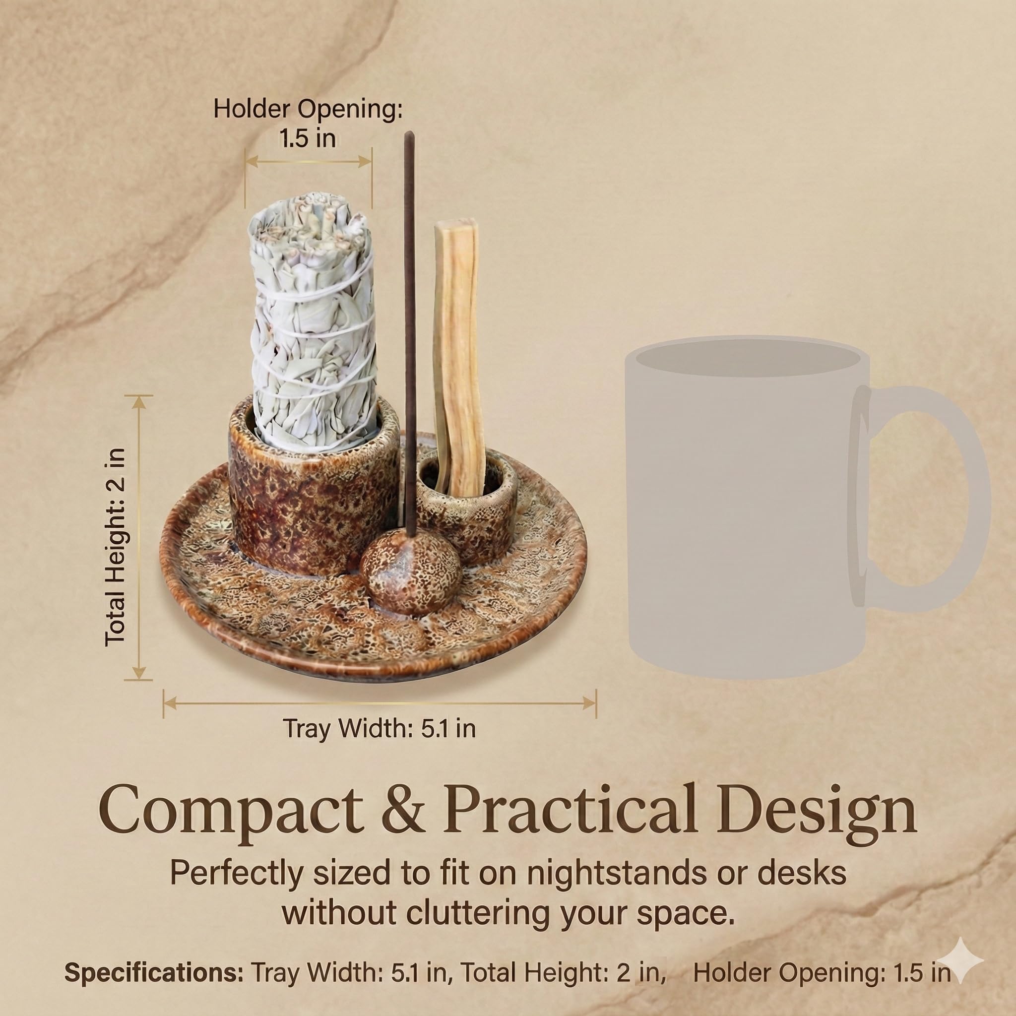 Handmade Ceramic Incense Burner for Palo Santo Incense Sticks, 4 in 1 Multi-Purpose Sage Holder for Burning, Ash Catcher Tray for Meditation Yoga Room (Golden)