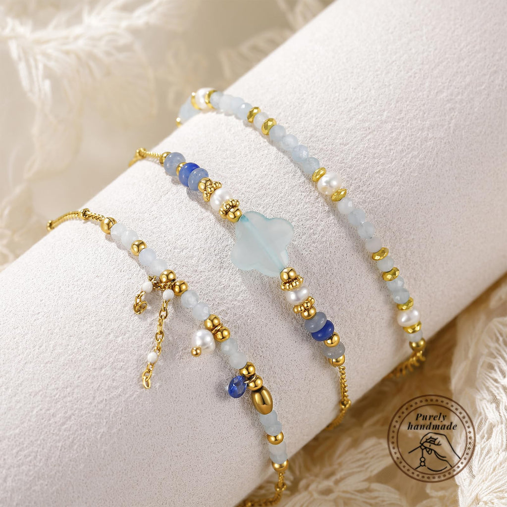 Beaded Bracelets Set for Women Stackable Healing Layered Bracelets Stack 3PCS Aquamarine Gemstone Crystal Dainty Boho Summer Jewelry for Women Natural Stone 14k Gold Plated