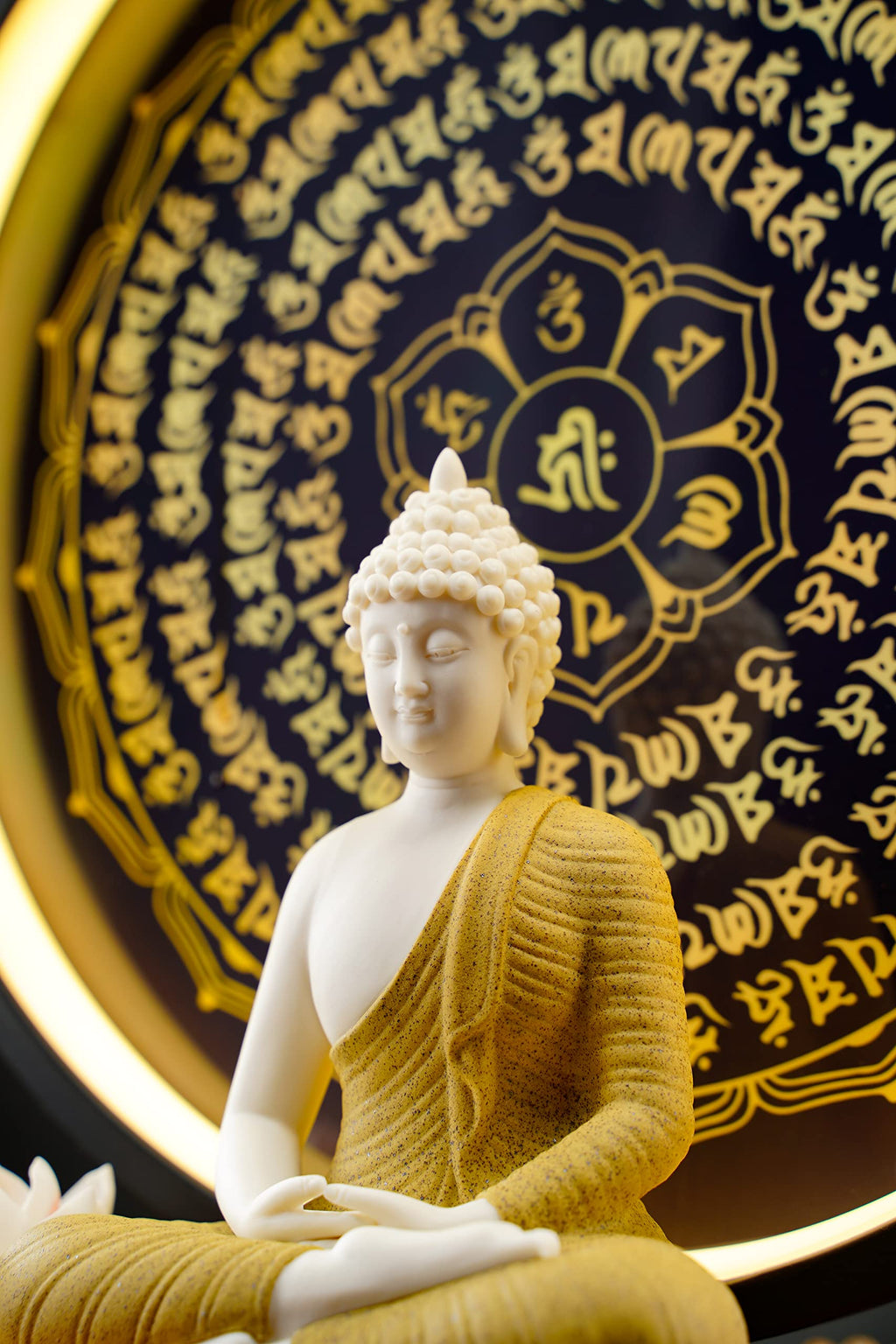 Houlu Yellow Buddha Statue and Circle LED Table Lamp, Ceramic Buddha Statue for Home Décor